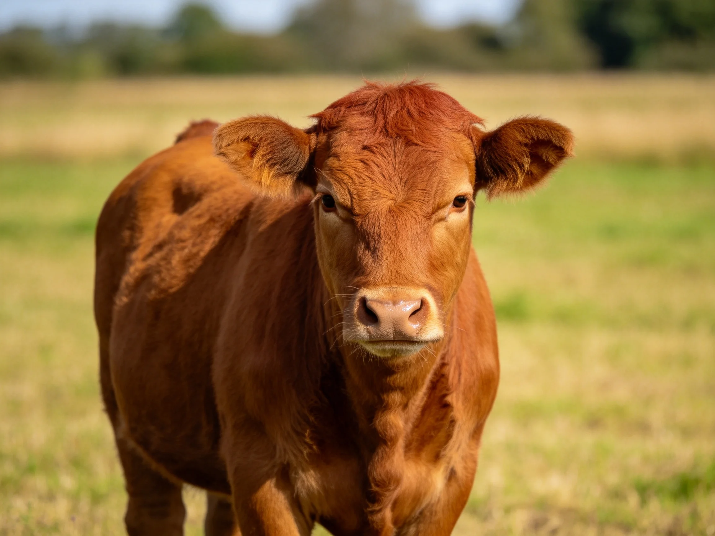 A young reddish - brown calf gazes in a sunlit open pasture