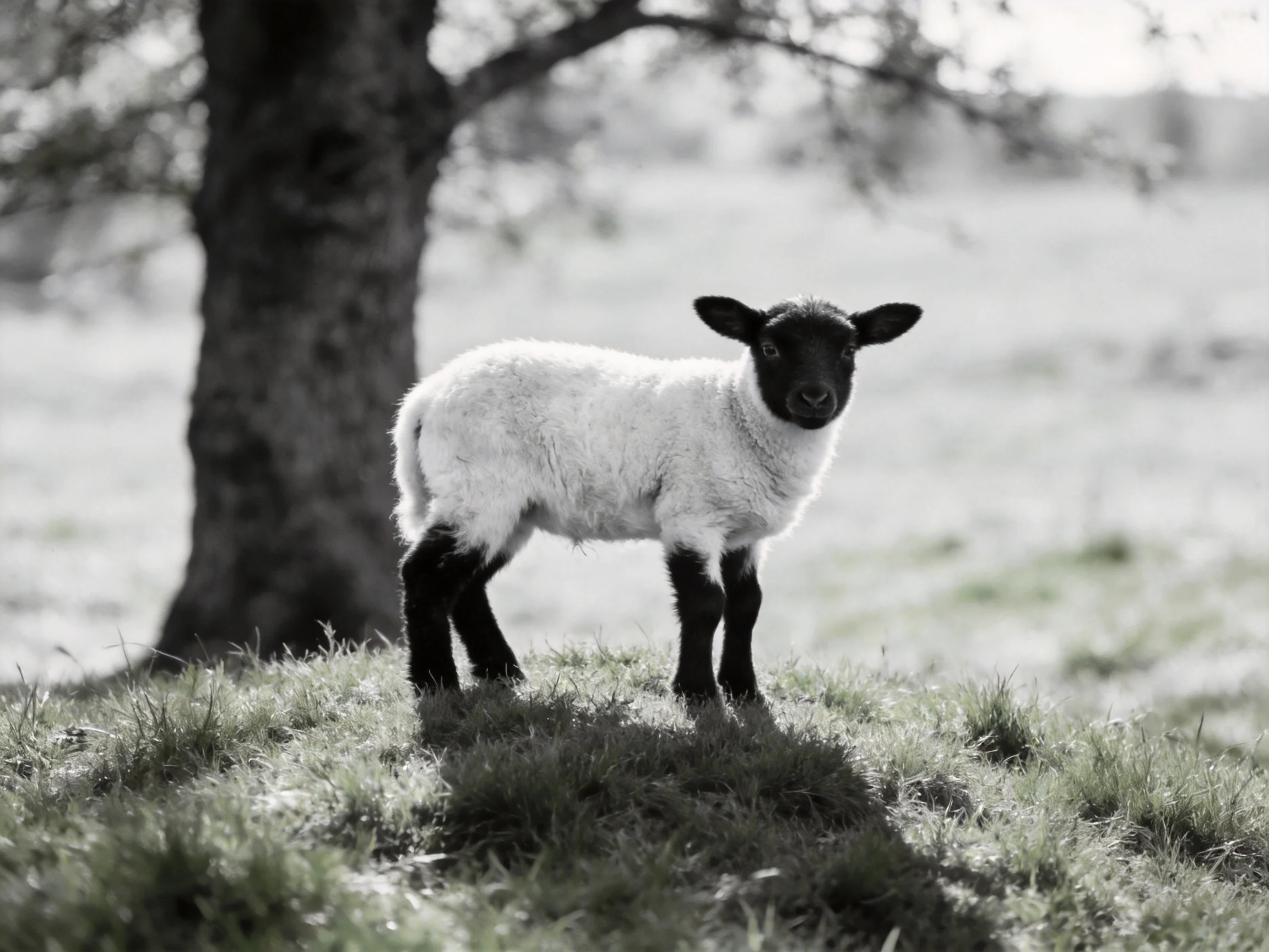 A young sheep with black face and legs stands near a large tree in a grassy field