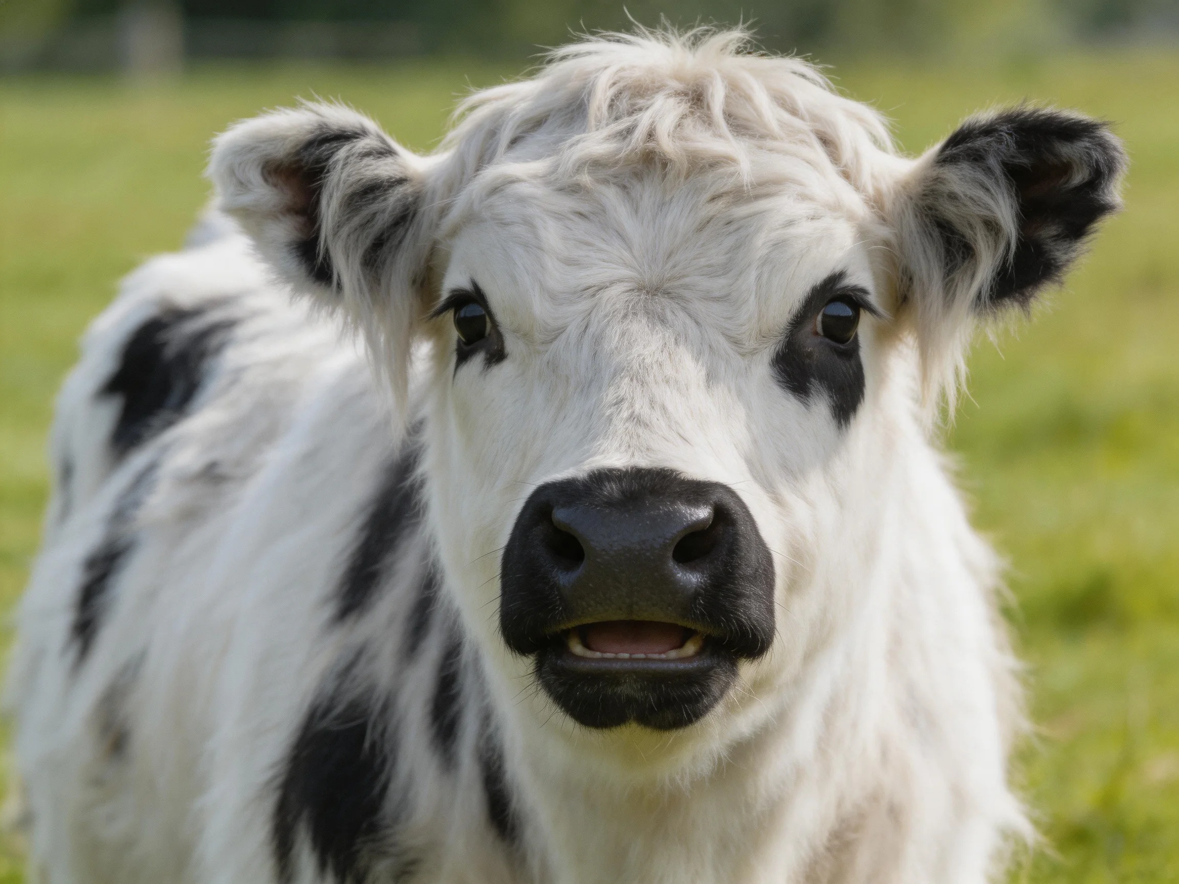 A young spotted calf with white and black markings stands in a green pasture.