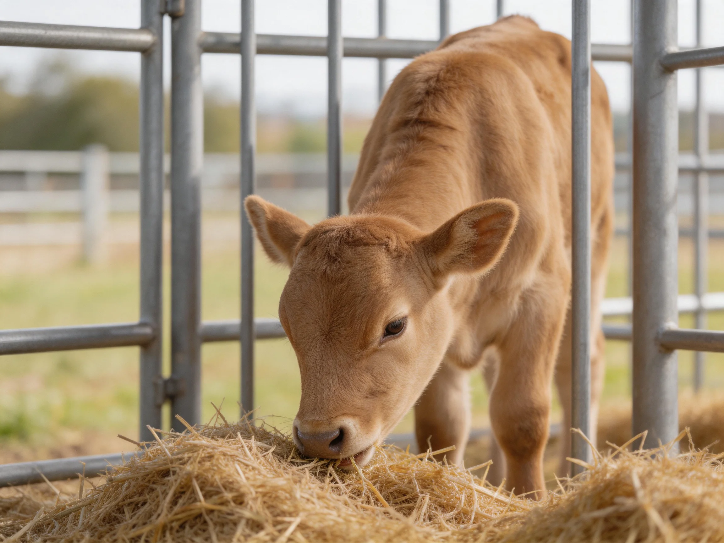 A young tan calf eats golden hay within a metal enclosure outdoors