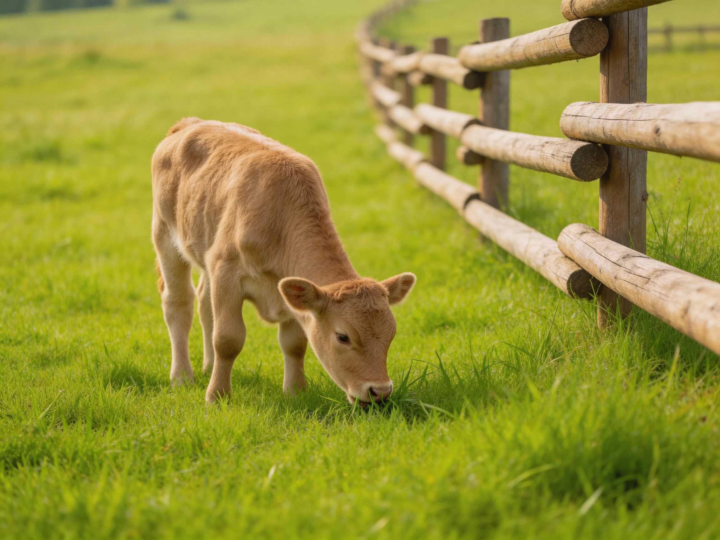 A young tan calf grazes by a wooden fence in a green pasture