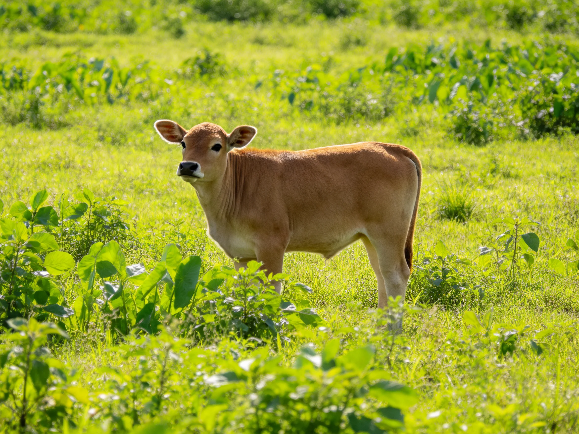 A young tan calf stands amid lush green vegetation in a sunlit meadow