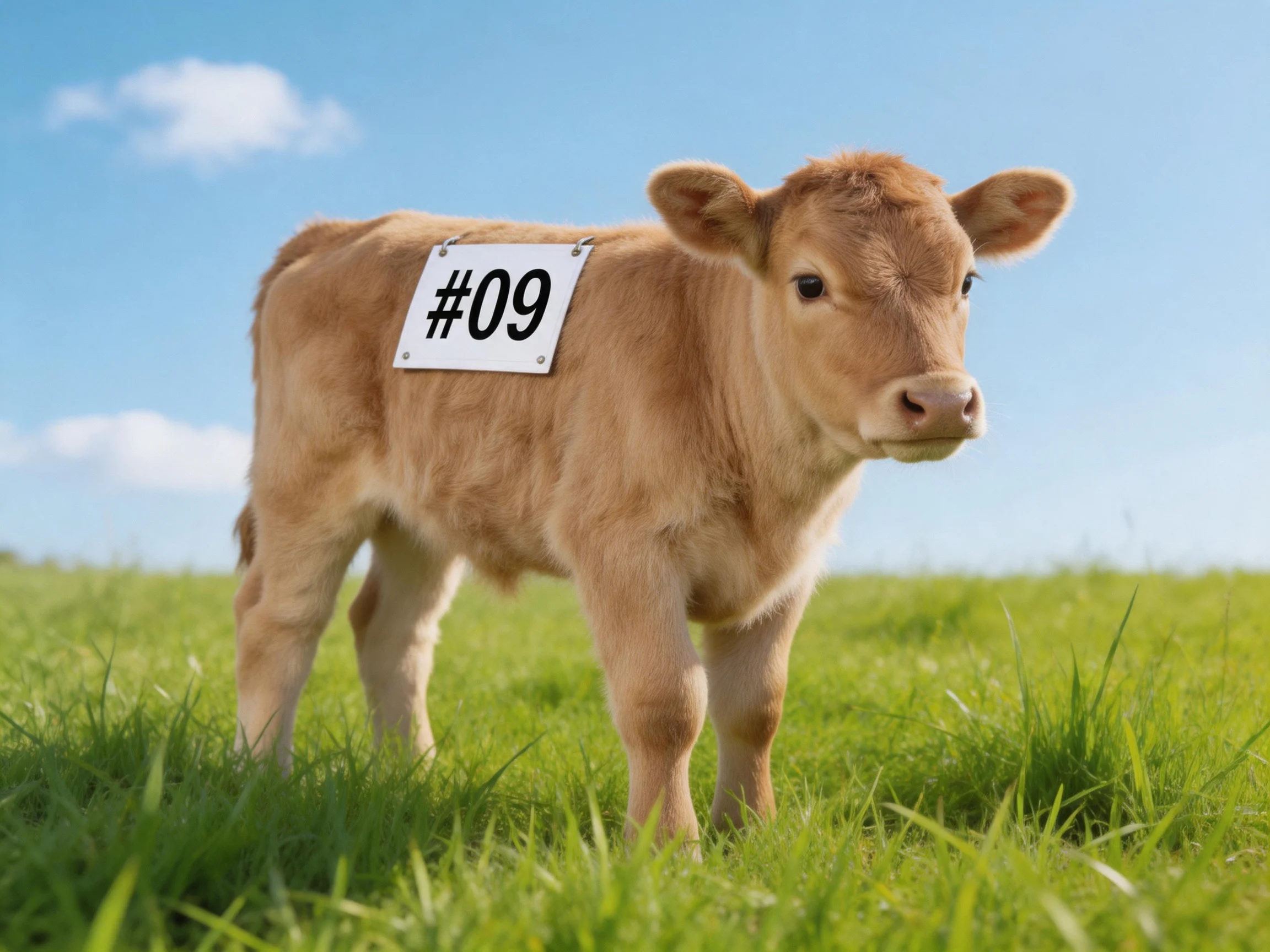 A young tan calf stands in lush green grass under clear blue sky