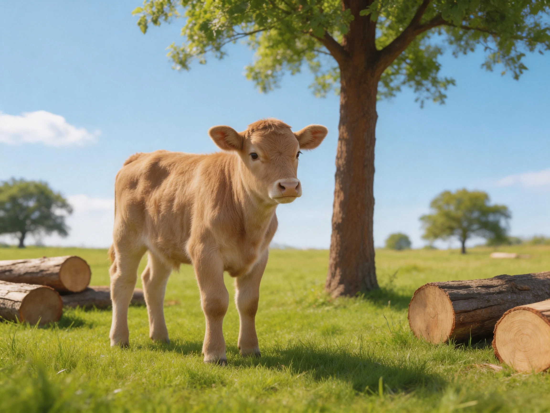 A young tan calf stands near a large tree with cut logs in a sunny meadow