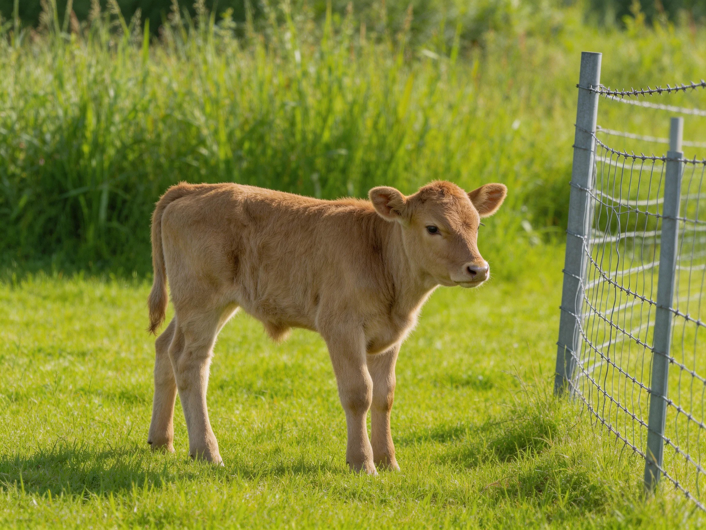 A young tan calf stands near a wire fence in lush green grass