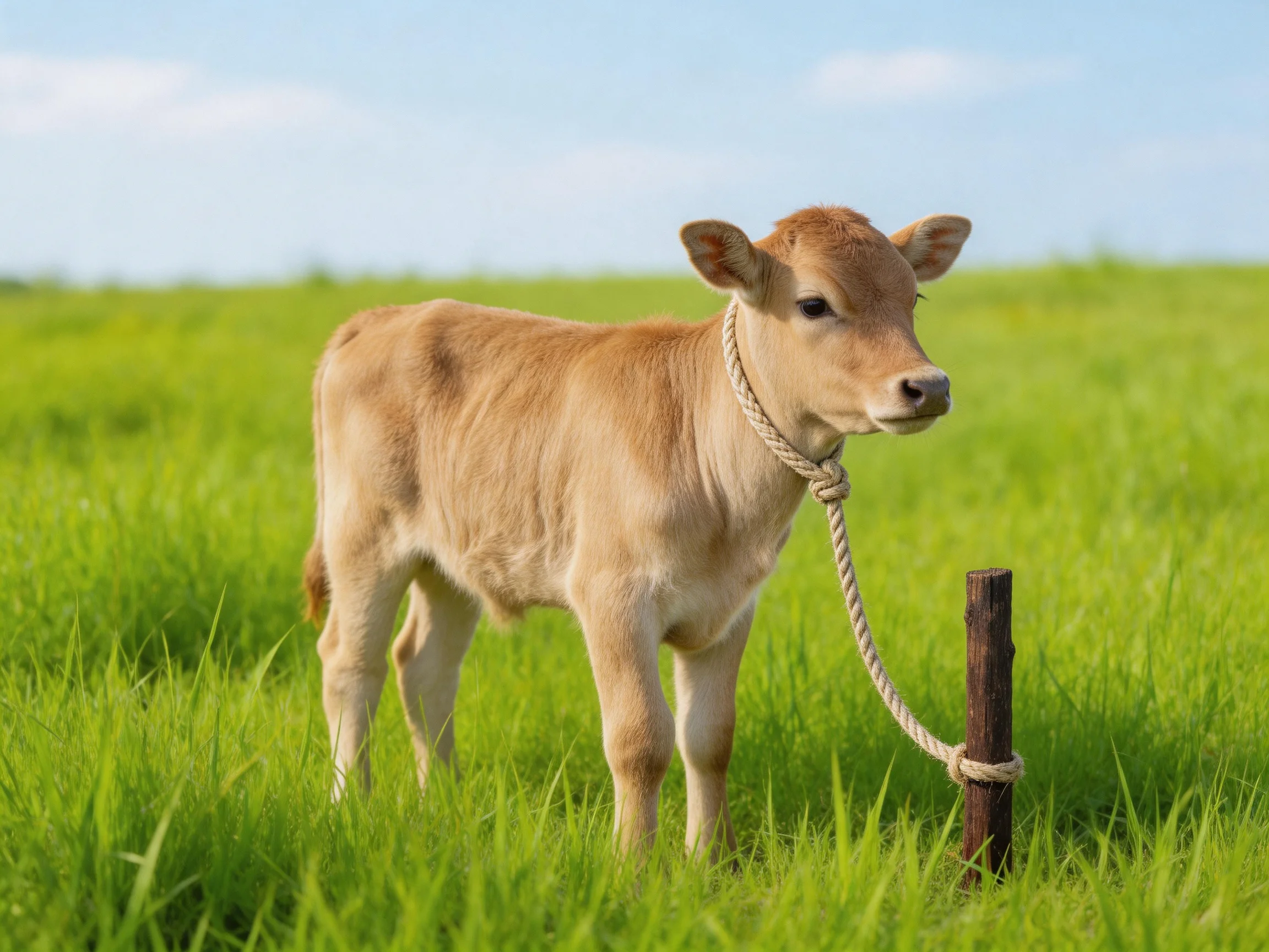 A young tan calf tied near a wooden post in a lush green meadow