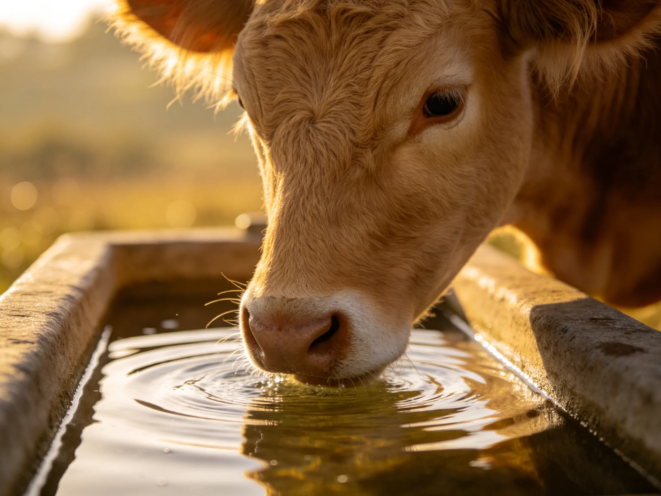 A young tan cow drinks from a stone trough bathed in golden sunlight