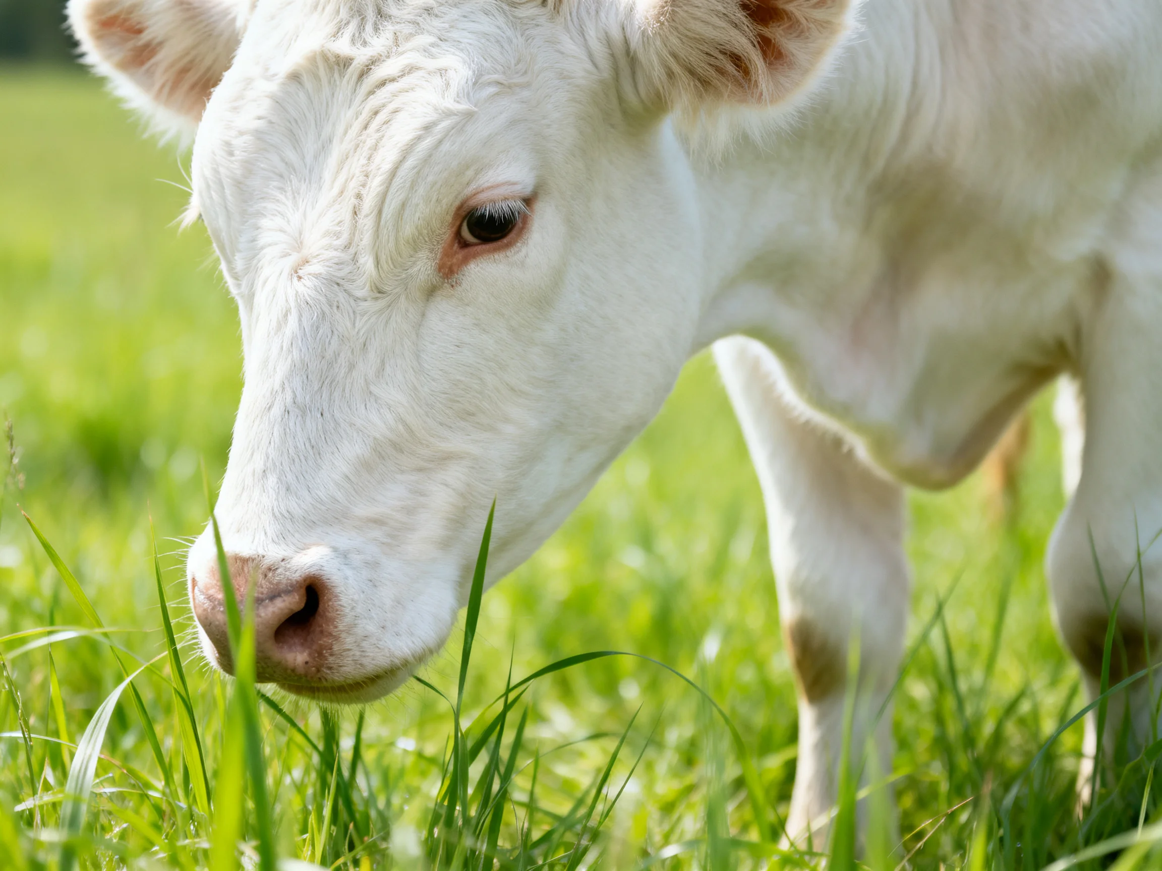 A young white calf grazes in the lush green grass.