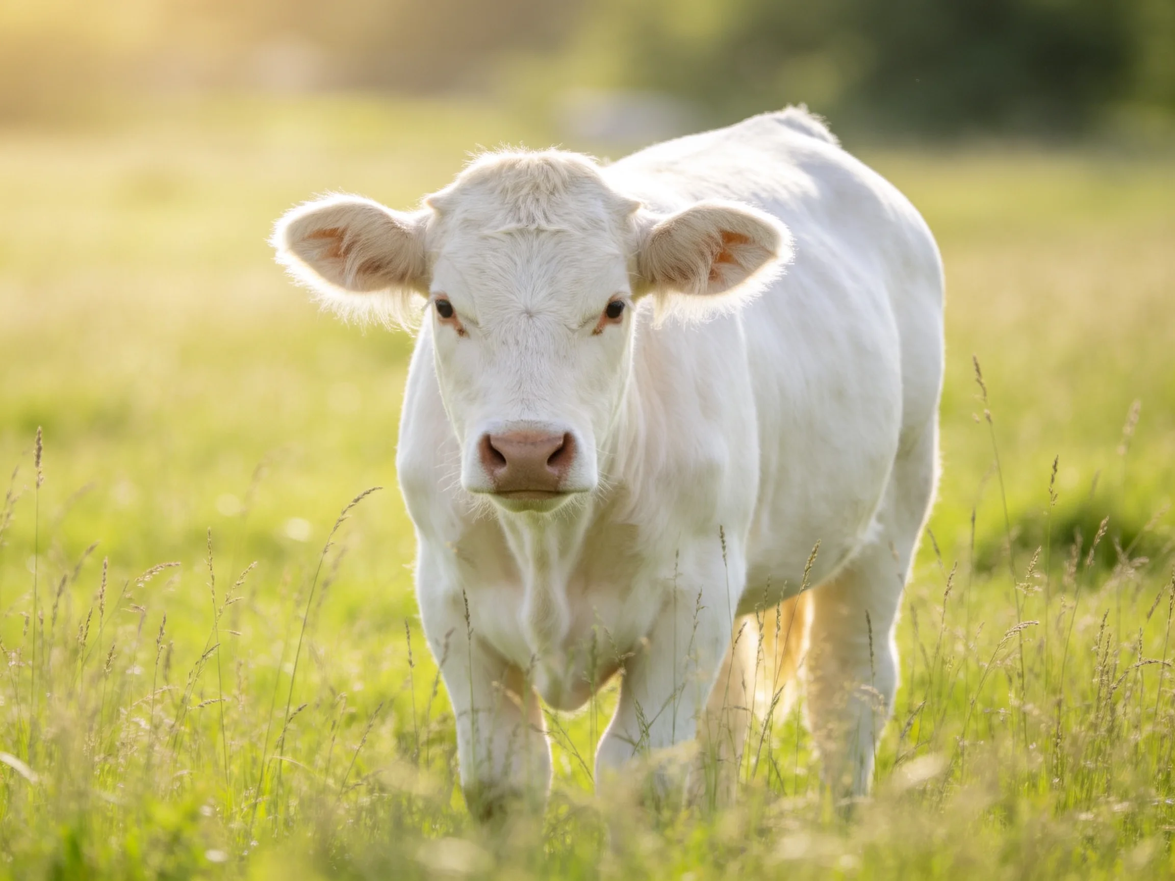 A young white calf in a sunlit green meadow