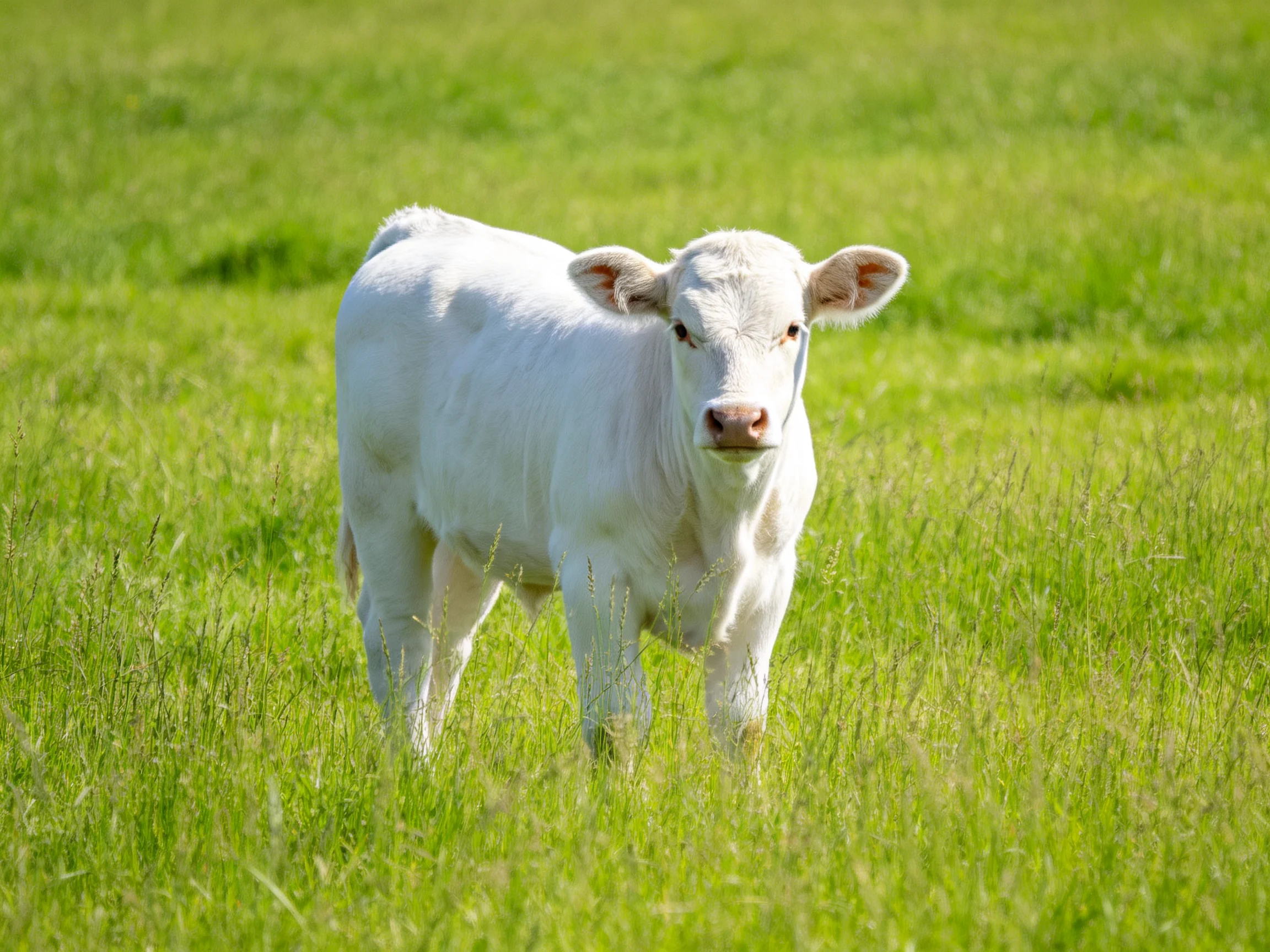 A young white calf stands in a sunlit green pasture.