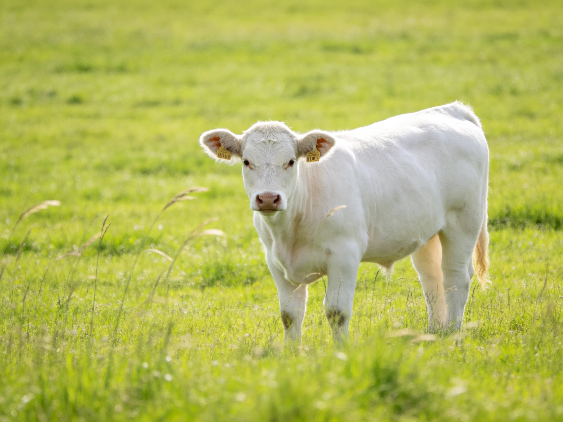 A young white calf stands in a sun-drenched green pasture