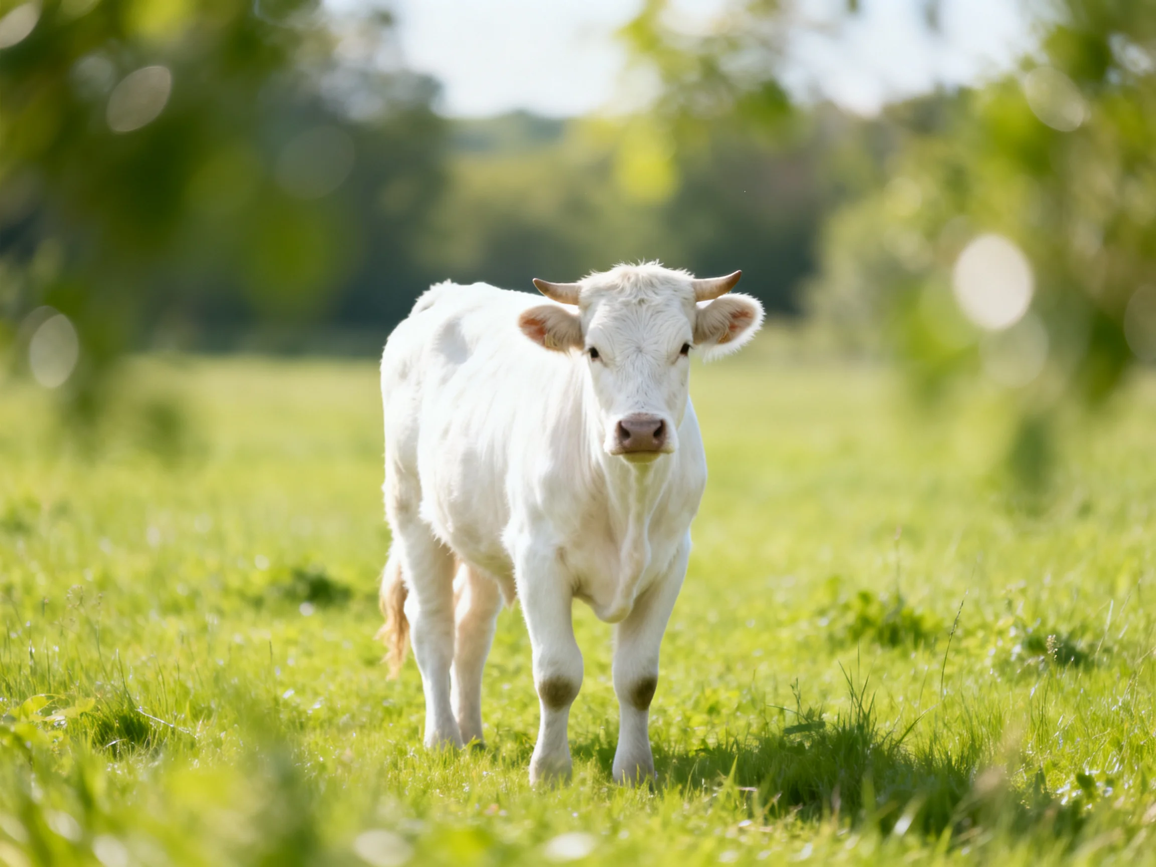 A young white calf stands in a sunlit green meadow