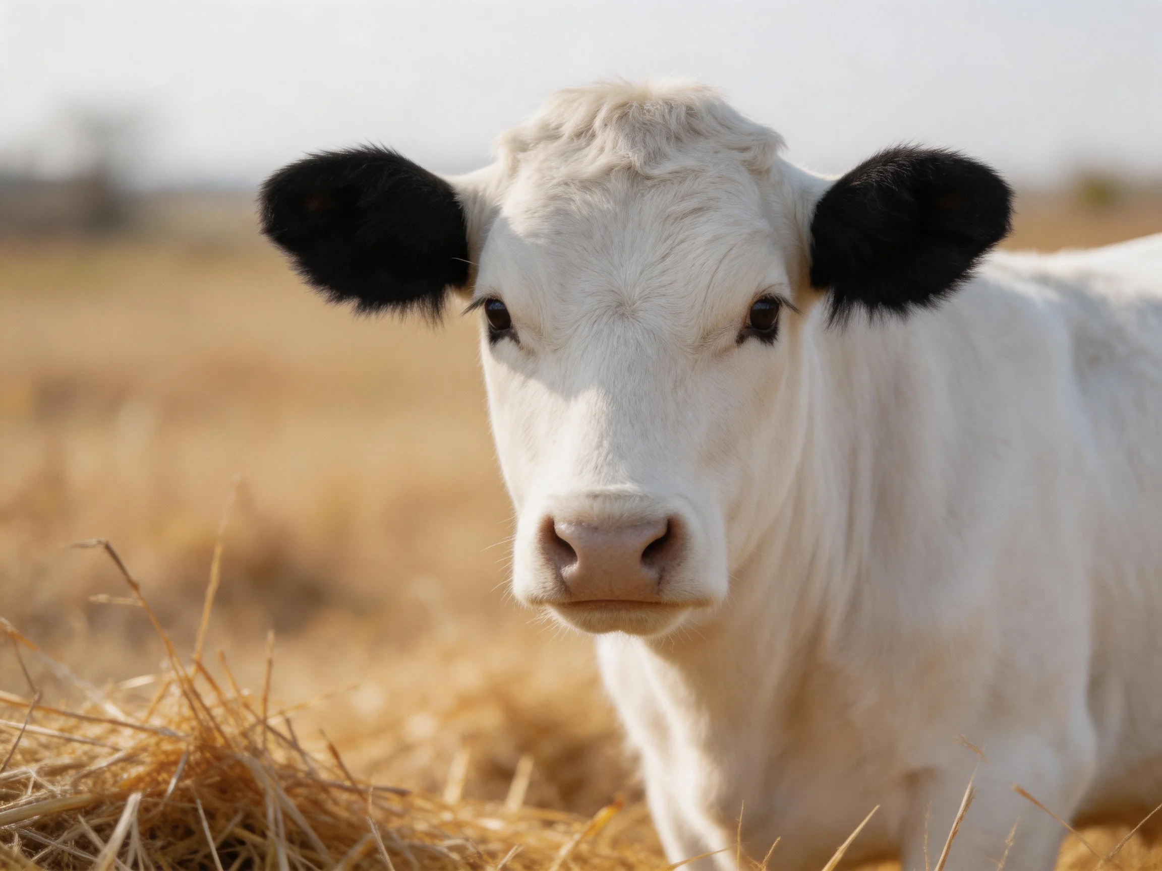 A young white cow with black ears near golden straw in a sunlit field