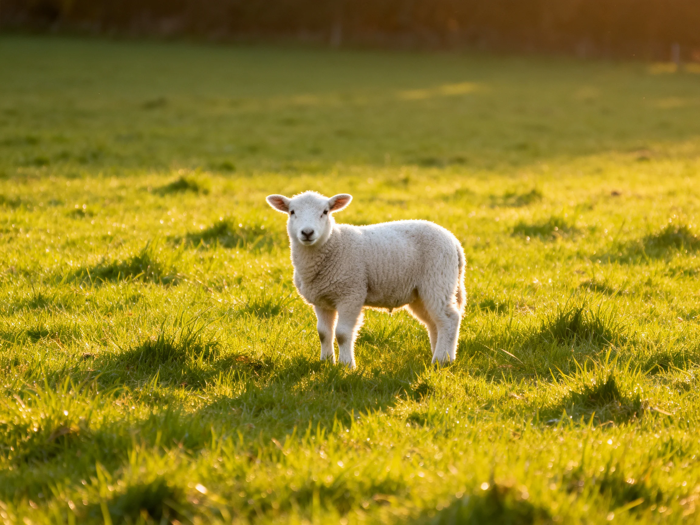 A single white lamb stands in a sunlit green field.