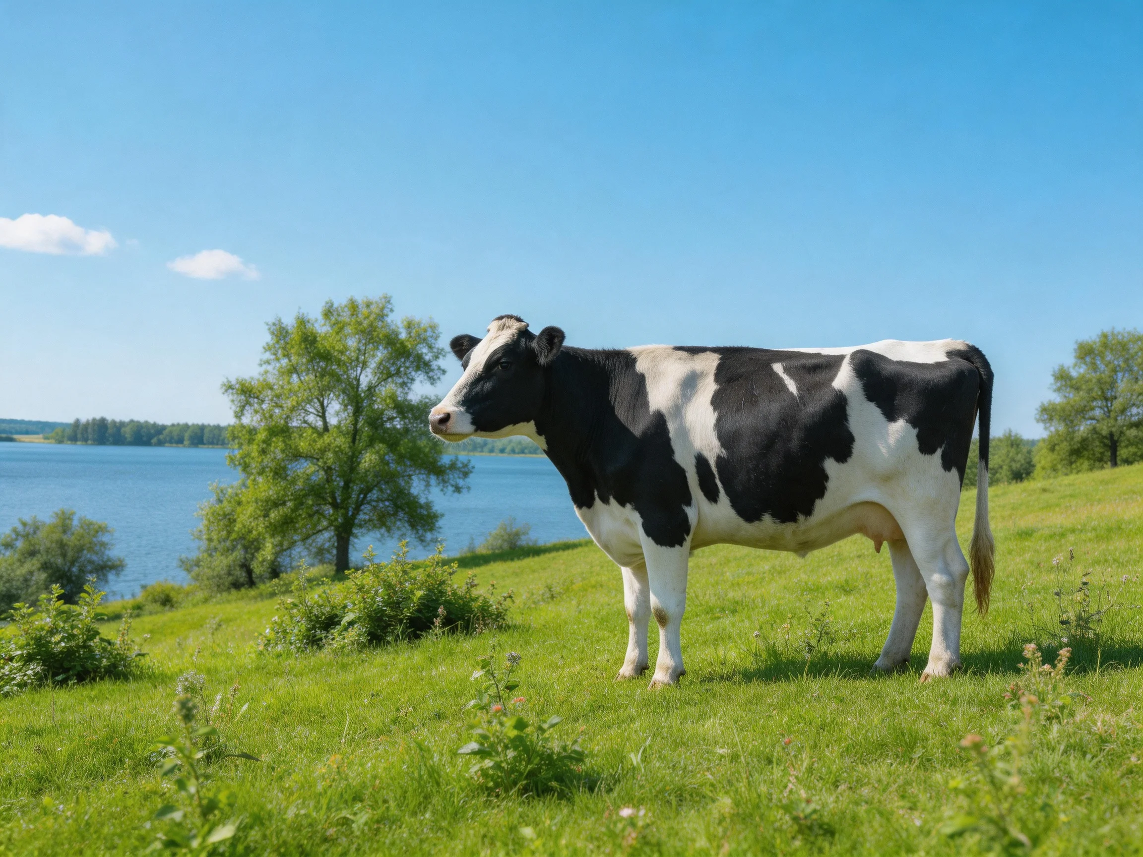 Ablack and white cow stands in a lush green meadow near a calm blue lake