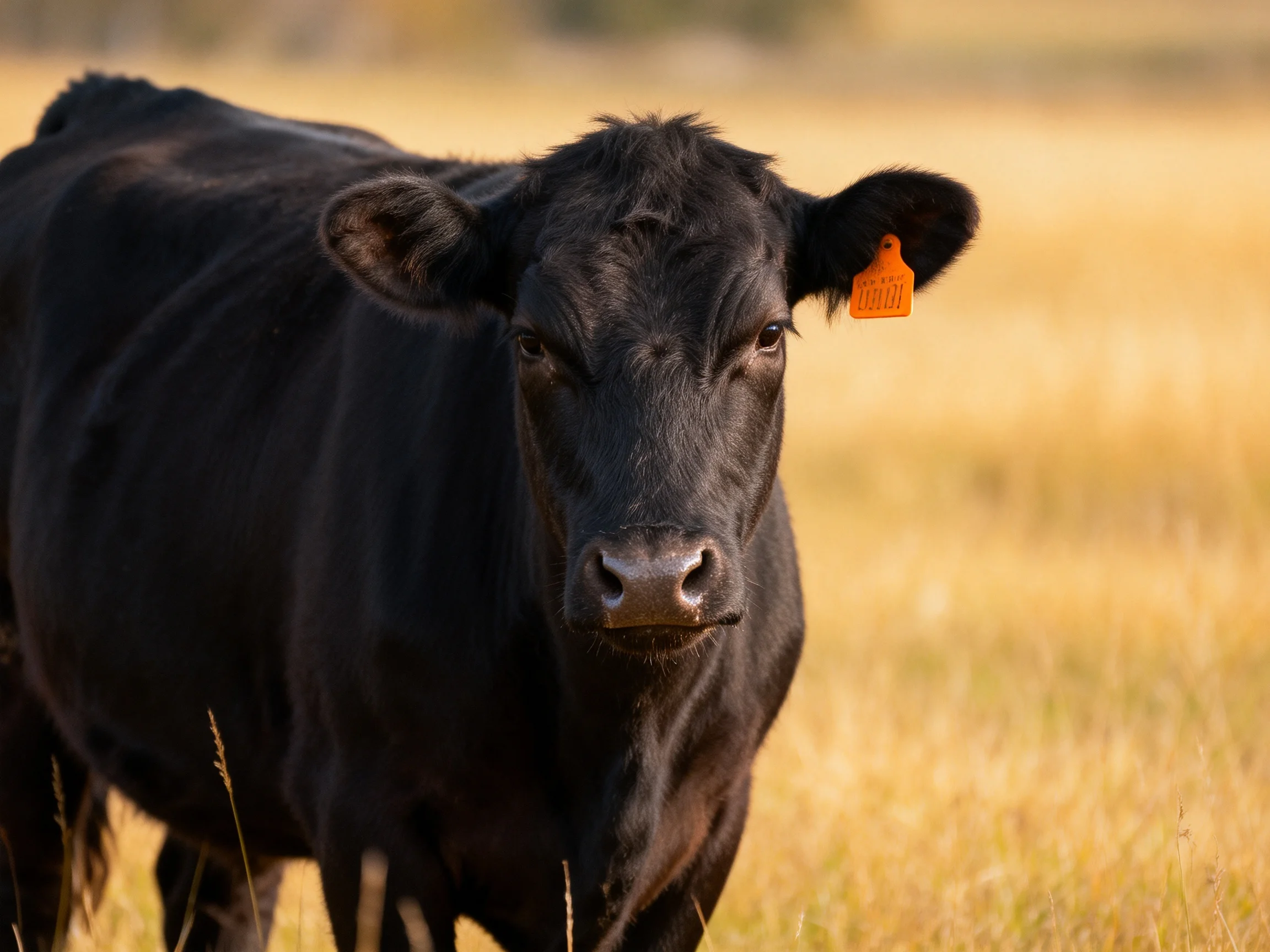 Ablack cow with an orange ear tag stands in a golden field