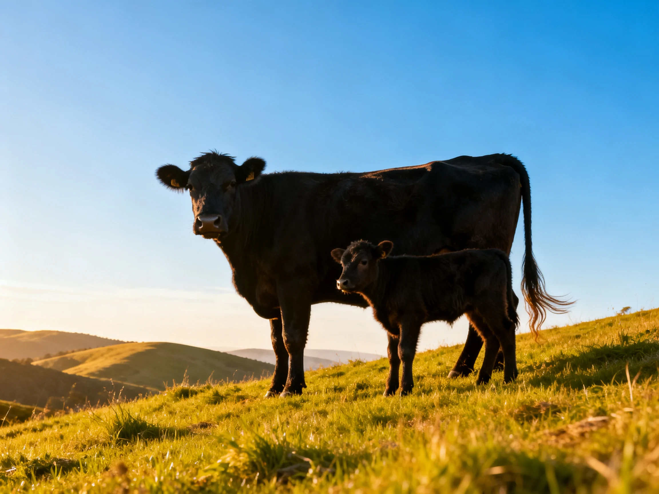An adult black cow and a young black calf on a sunlit grassy hill