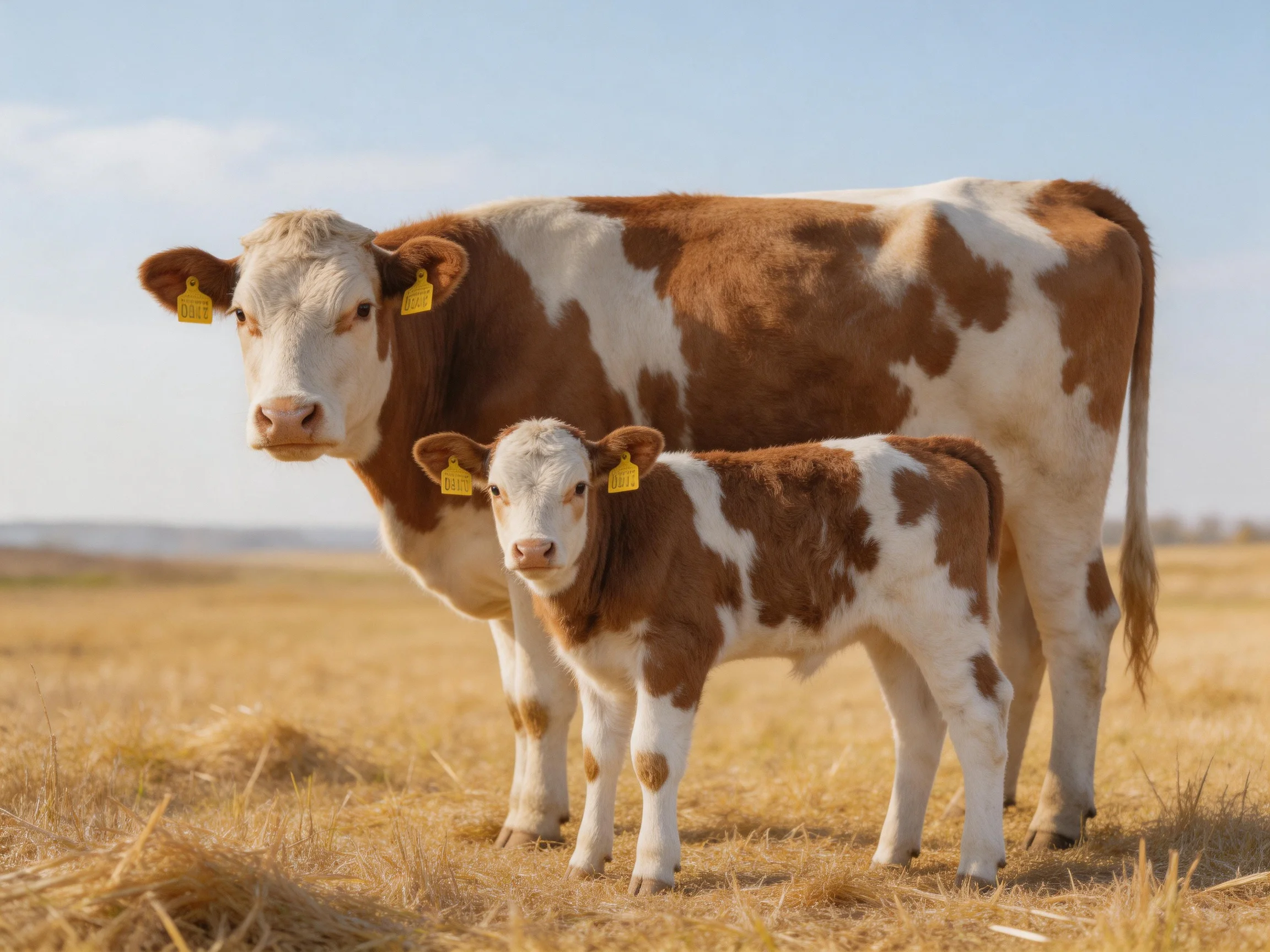 An adult brown-and-white cow and a young brown-and-white calf stand in a golden field.