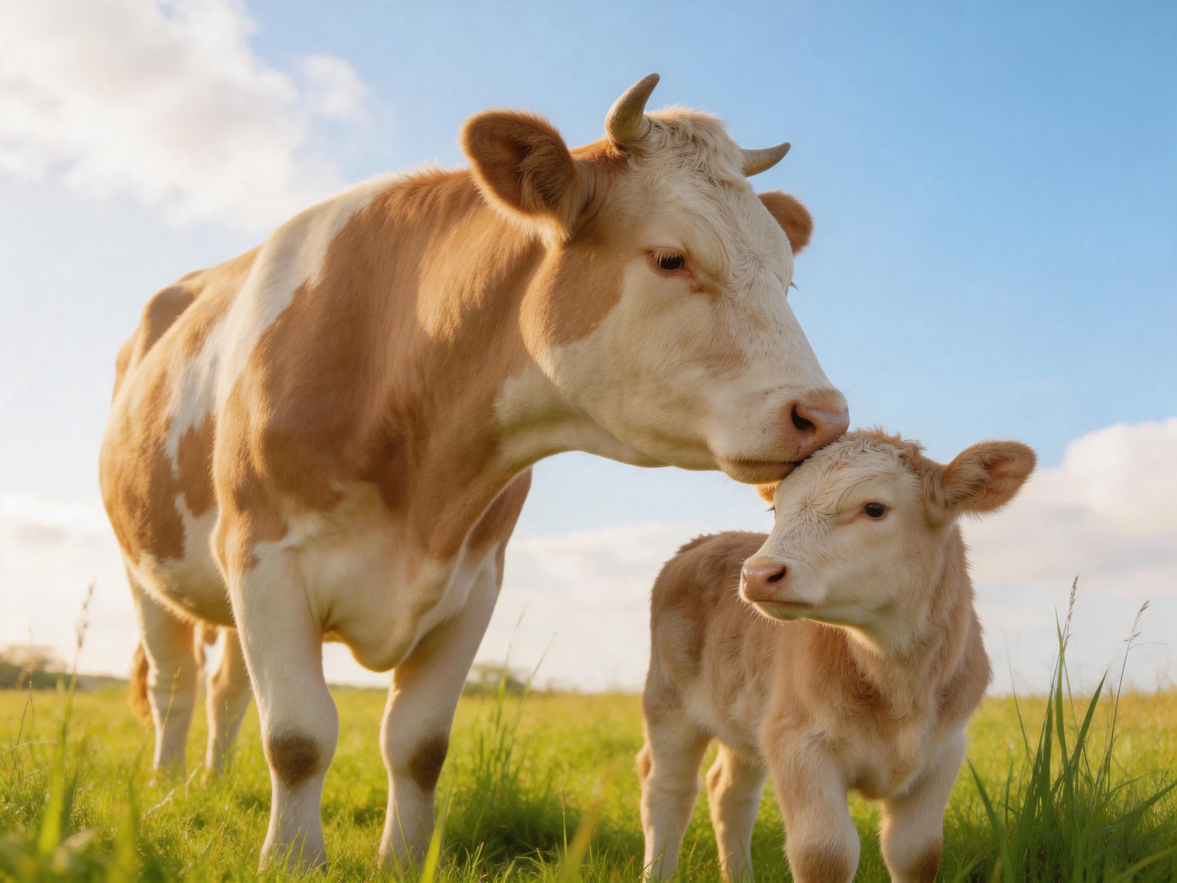 An adult brown-and-white cow nuzzles her young calf in a bright green pasture