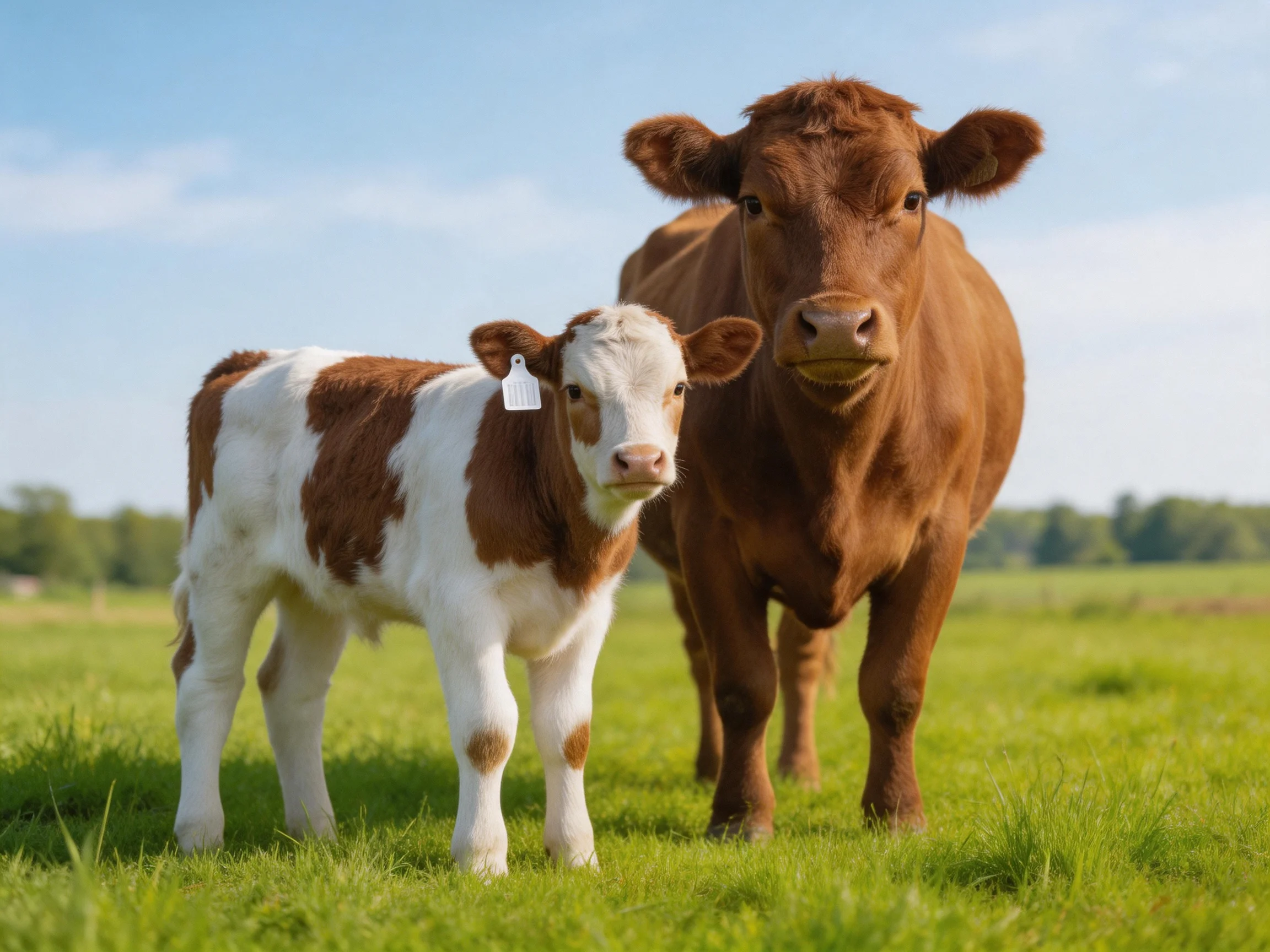 An adult brown cow and a spotted calf stand in a green pasture
