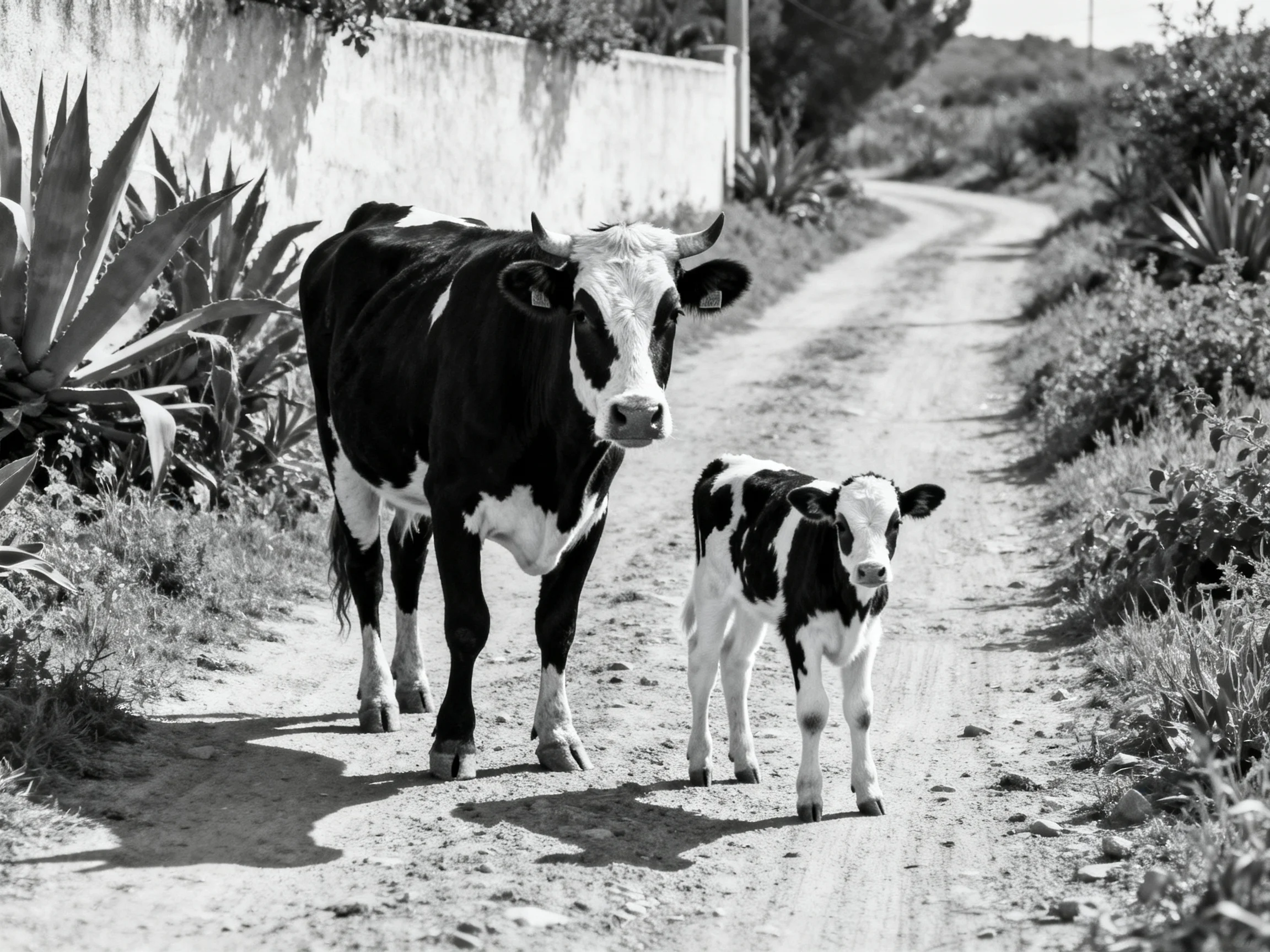 An adult cow and a calf walk along a winding dirt path