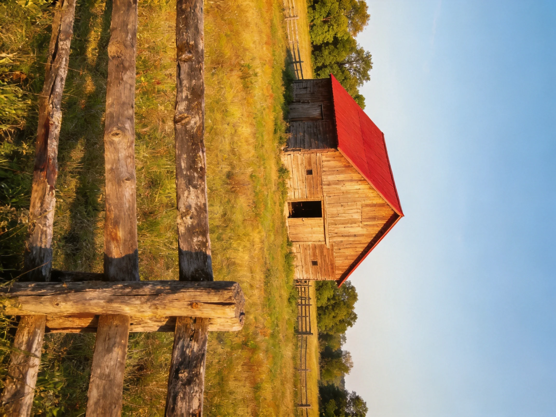 An aged wooden barn with a bright red roof near a weathered fence