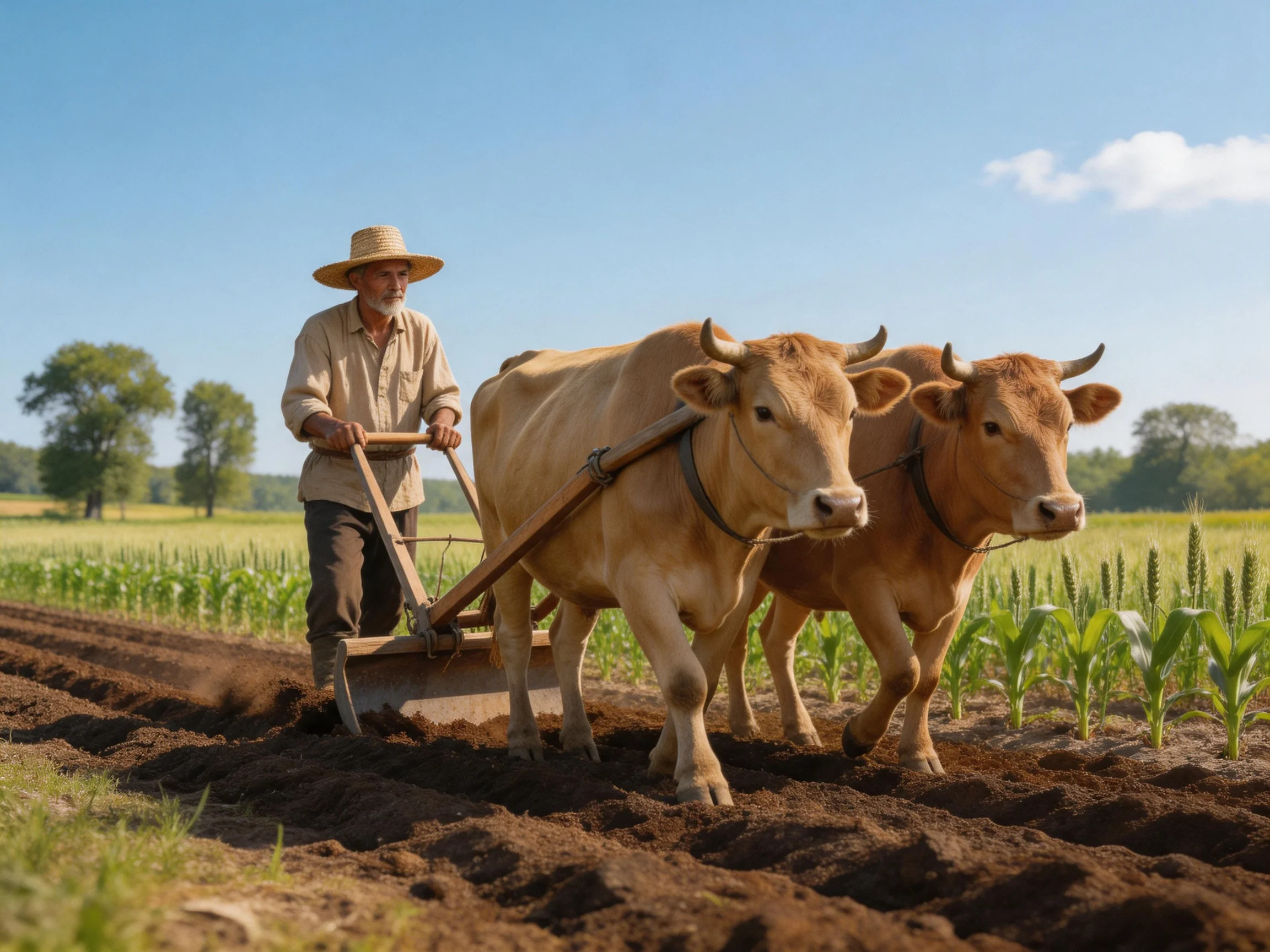 An elderly farmer guiding two tan cows plow a sunlit brown field.