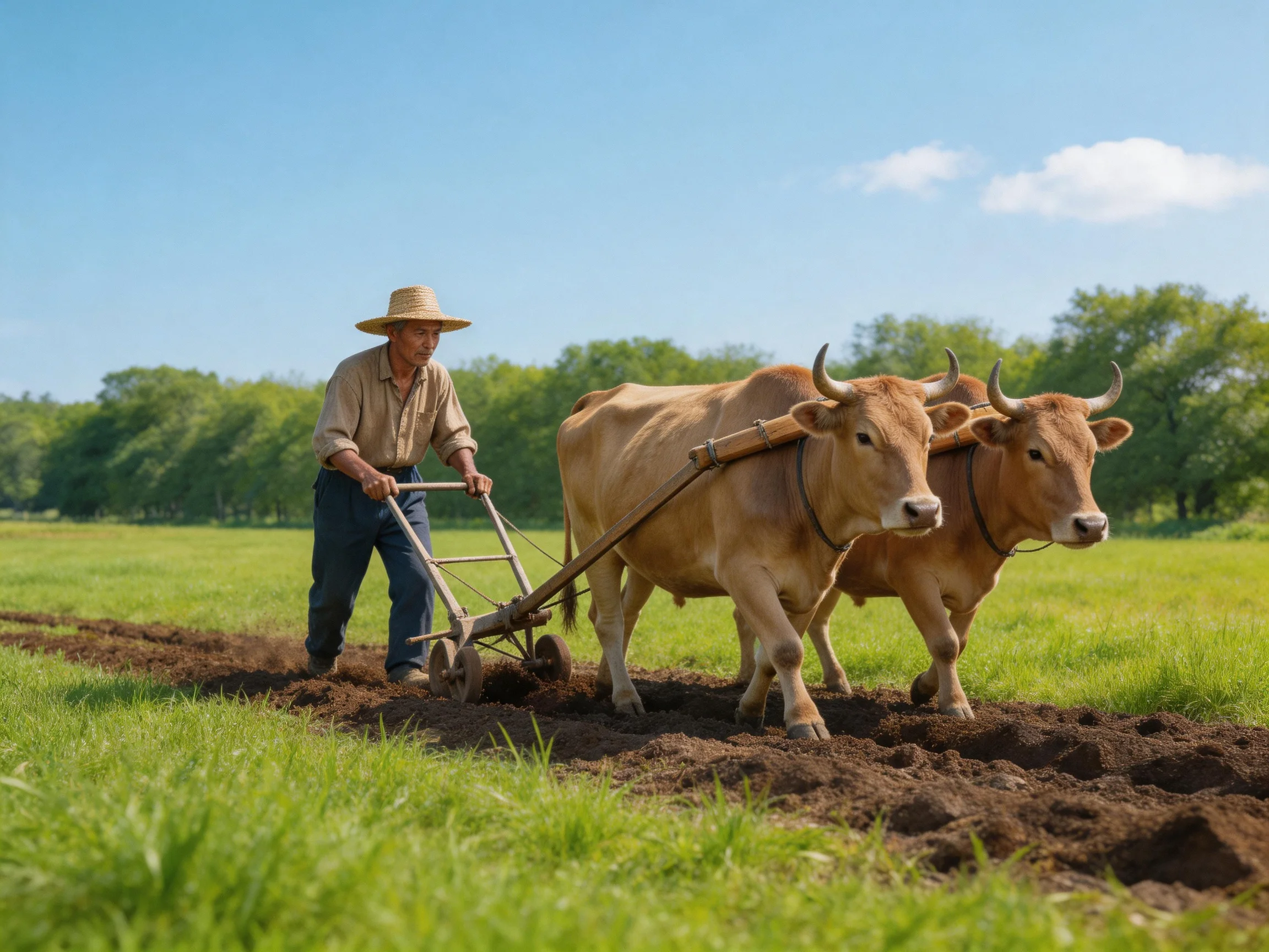 An elderly farmer guiding two tan cows plow a verdant farm field