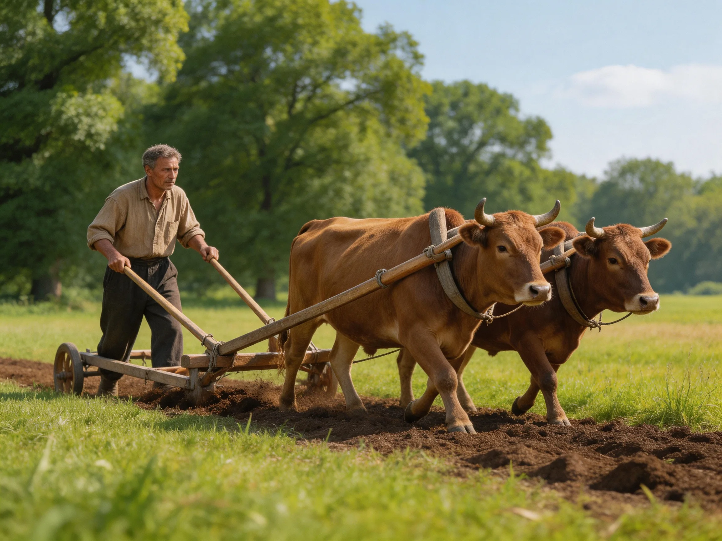 An elderly farmer uses two brown oxen to plow a green field