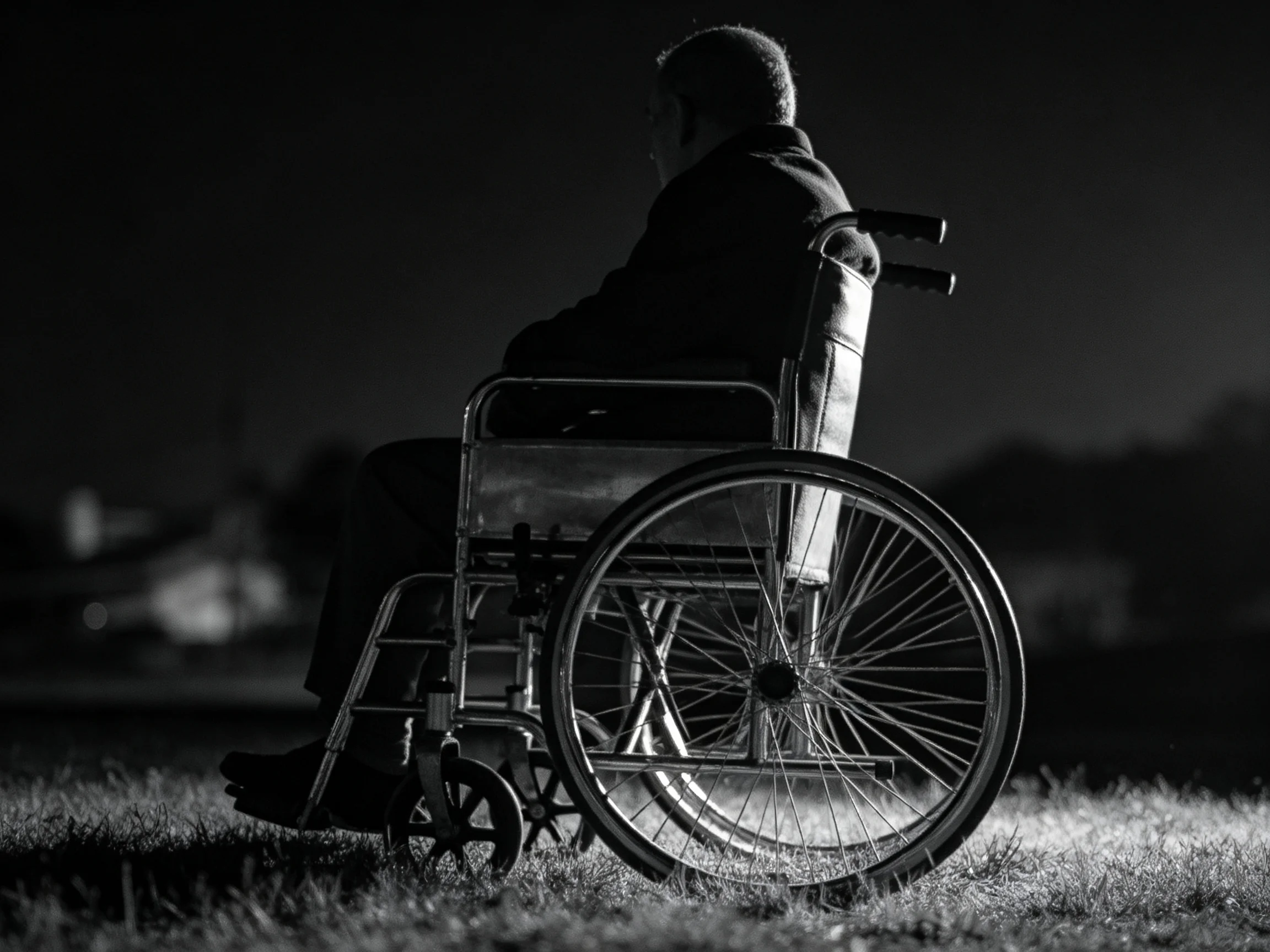 An elderly individual in a wheelchair sits on grass at night