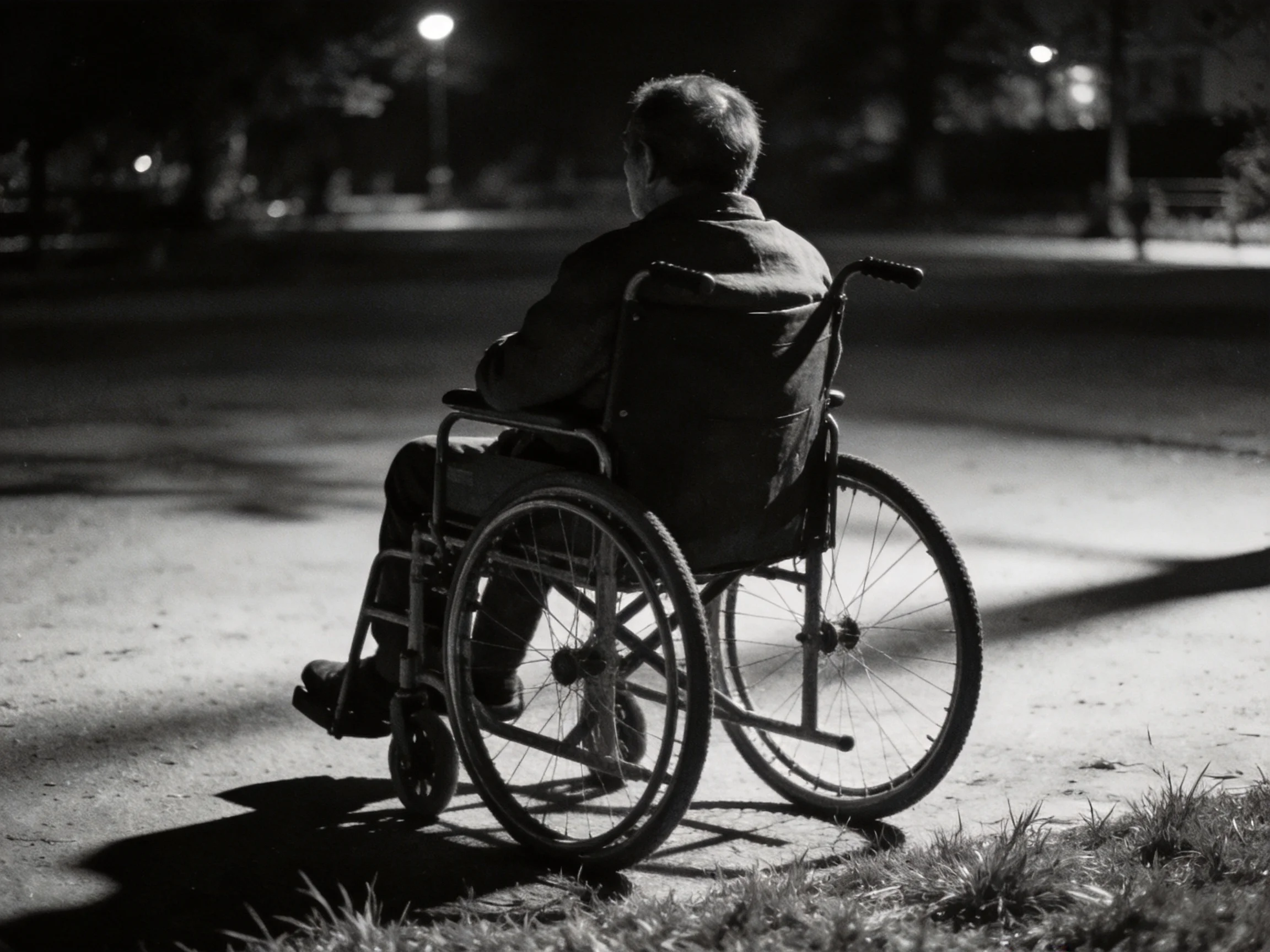 An elderly man in a wheelchair sits on a dimly lit street at night