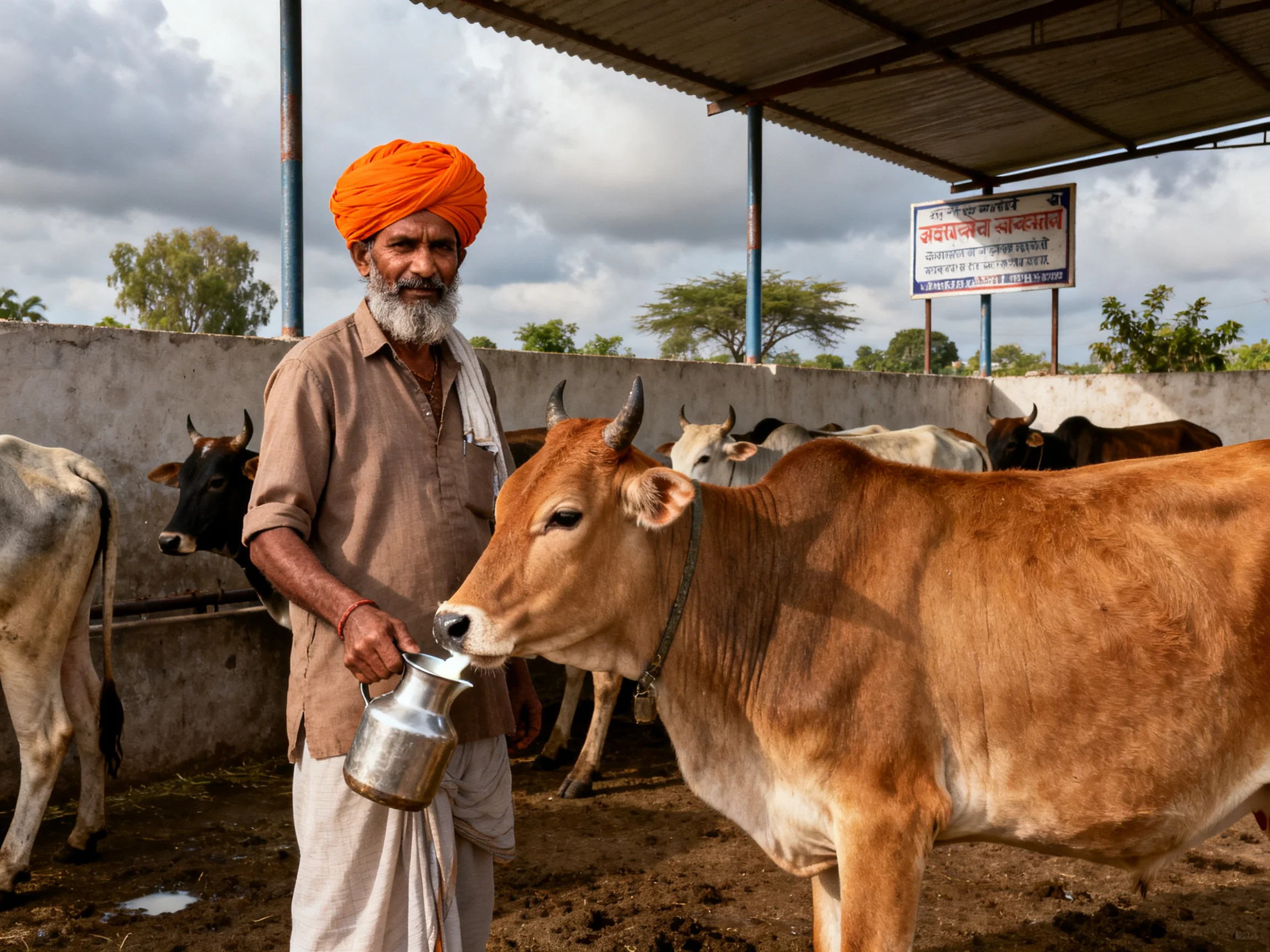 An elderly man in an orange turban feeds a brown cow among other cattle