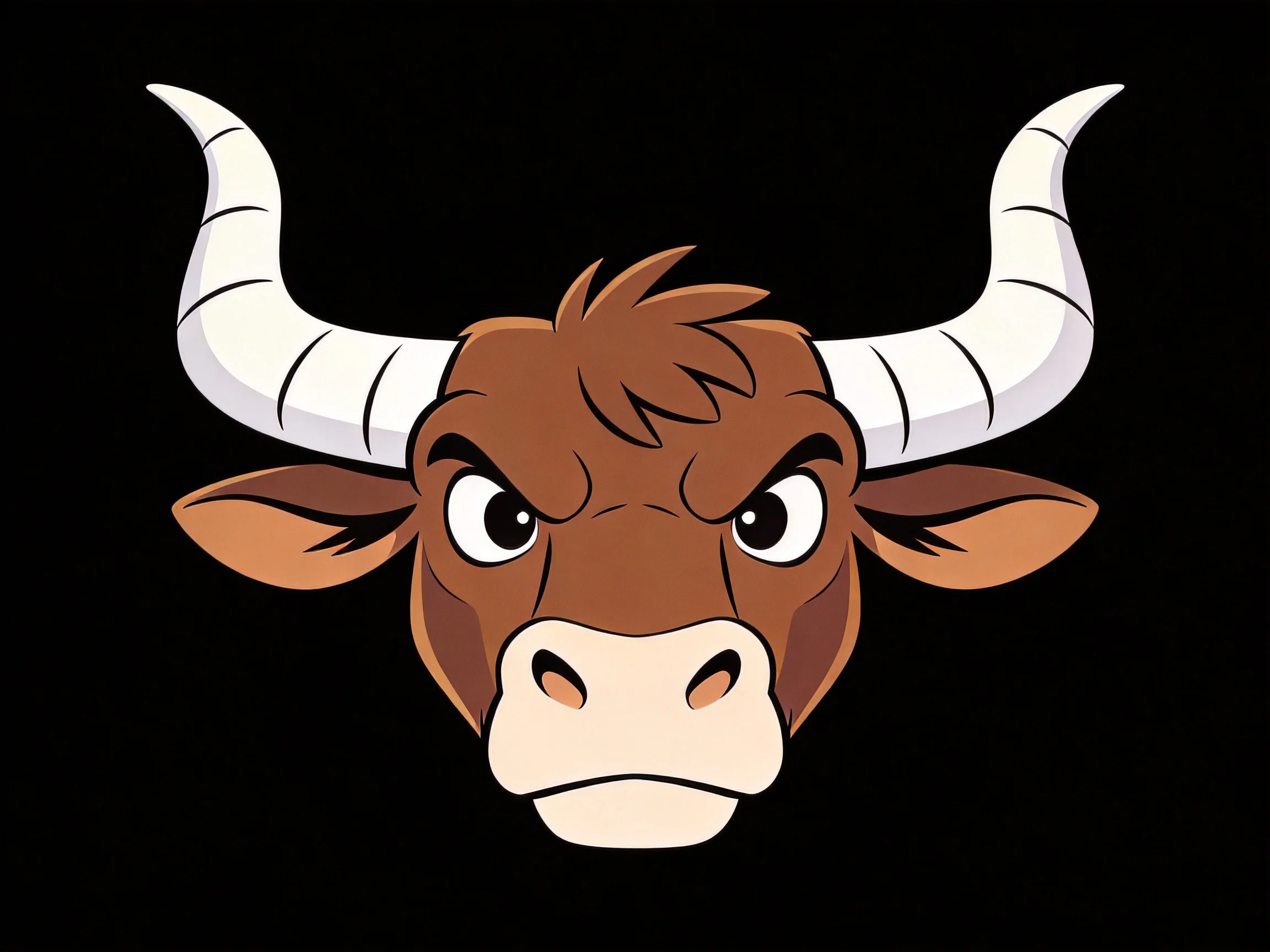 An illustrated brown bull with large white curved horns on a black background