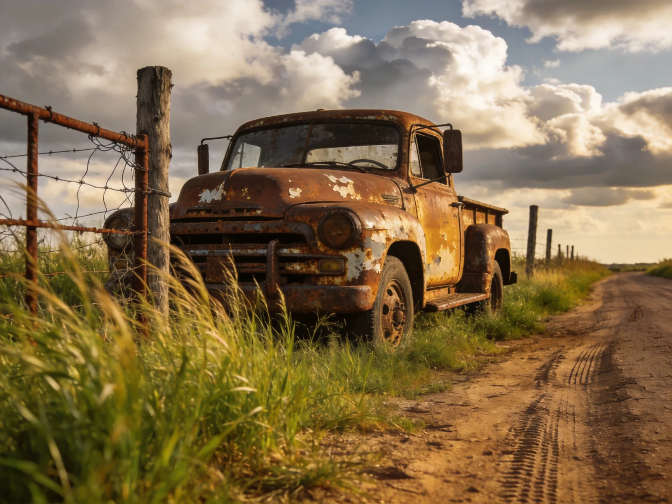 An old rusted truck sits beside a weathered barbed wire fence