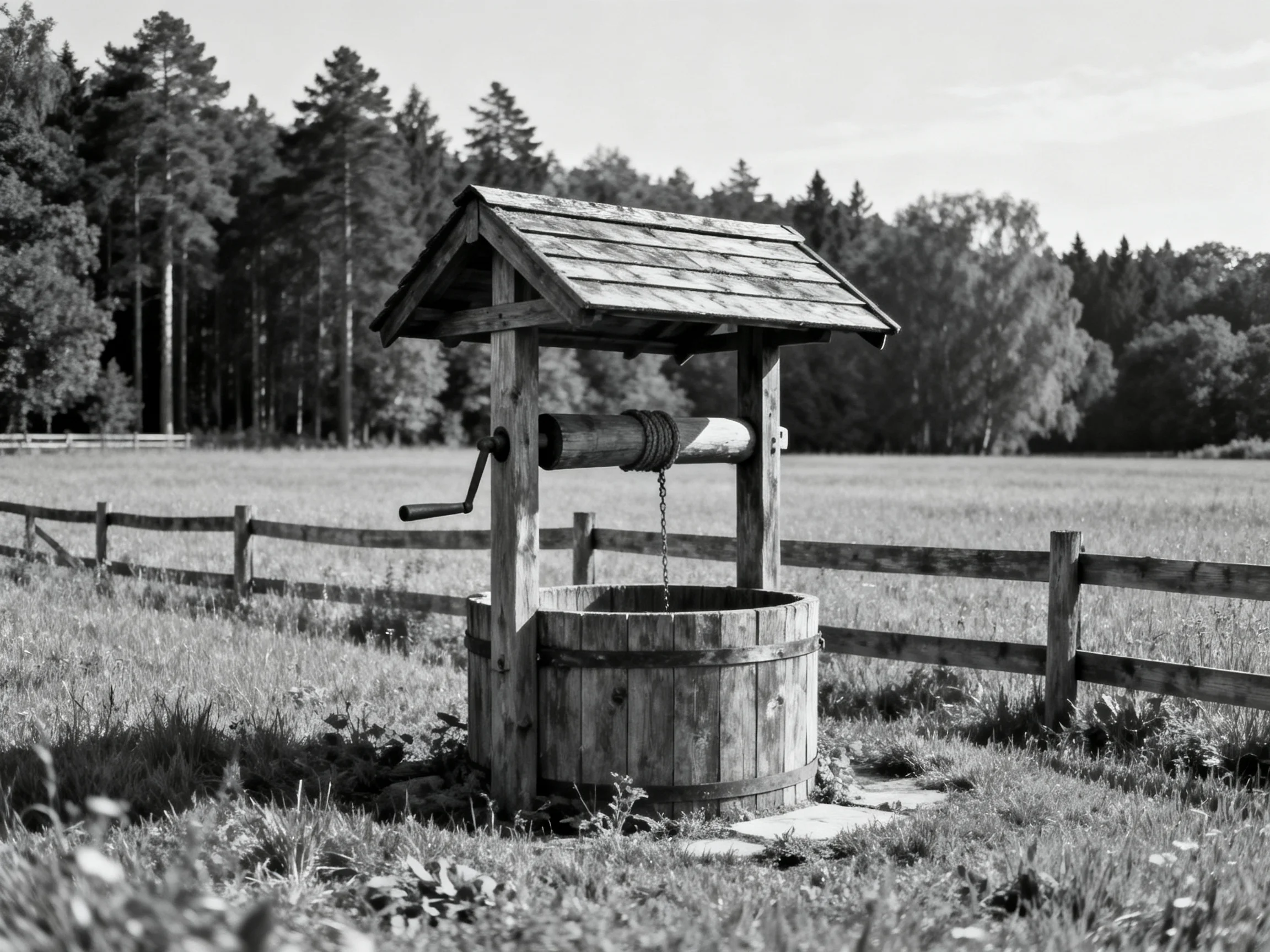 An old wooden well stands in a fenced rural field near tall trees