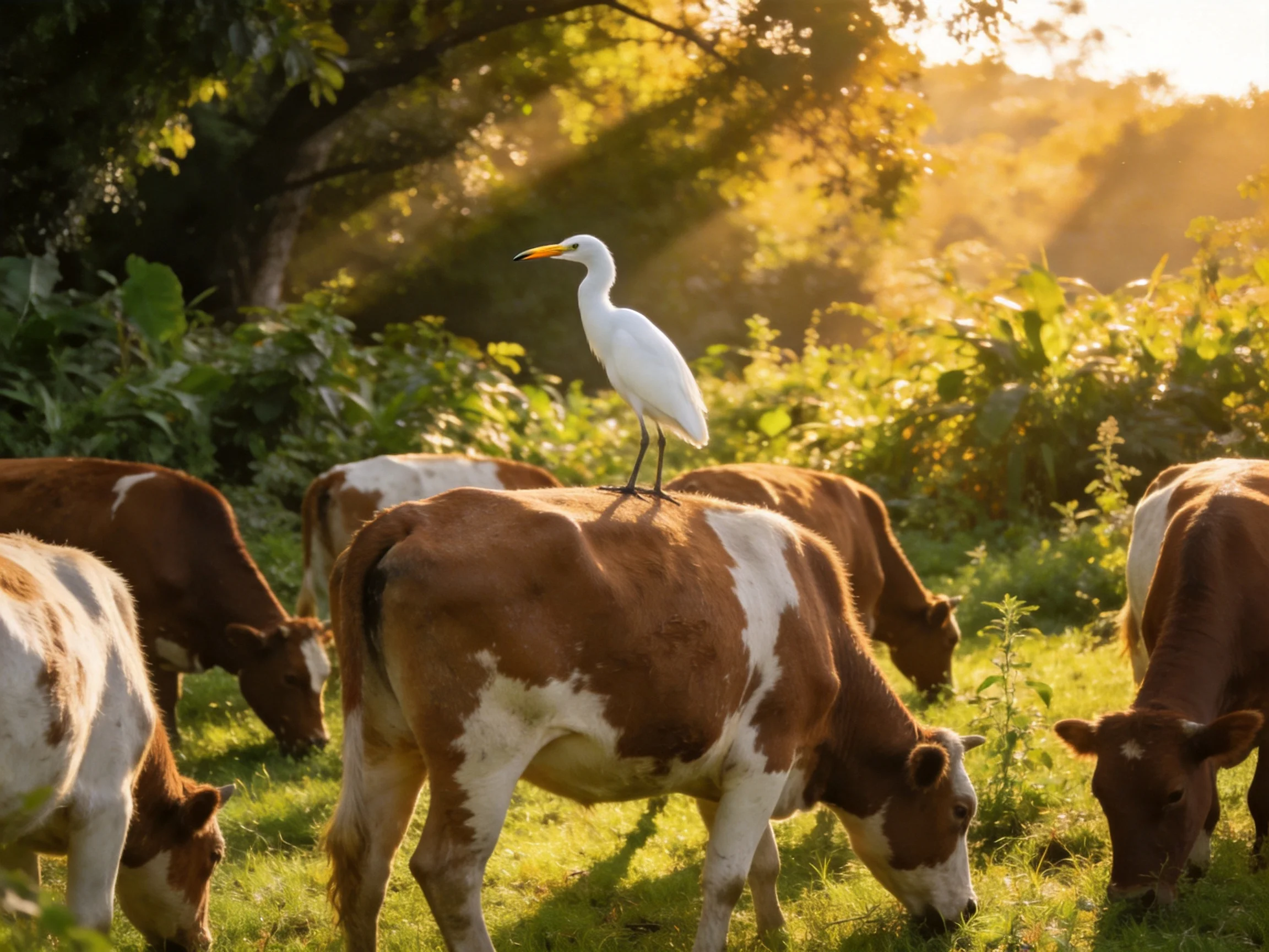 Awhite egret perches on brown-and-white cows in a sunlit meadow