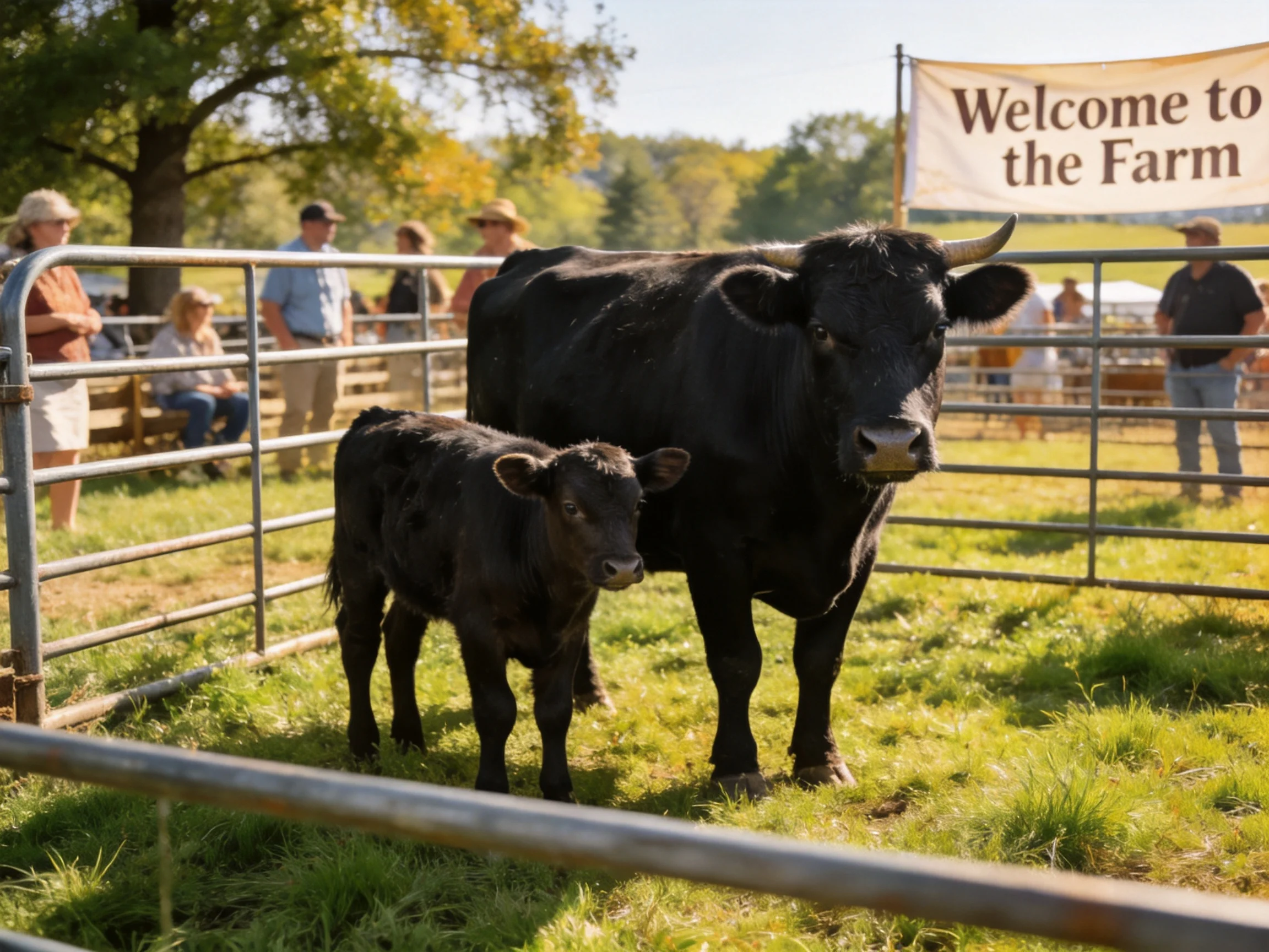 Black adult and calf cow in a farm enclosure with visitors