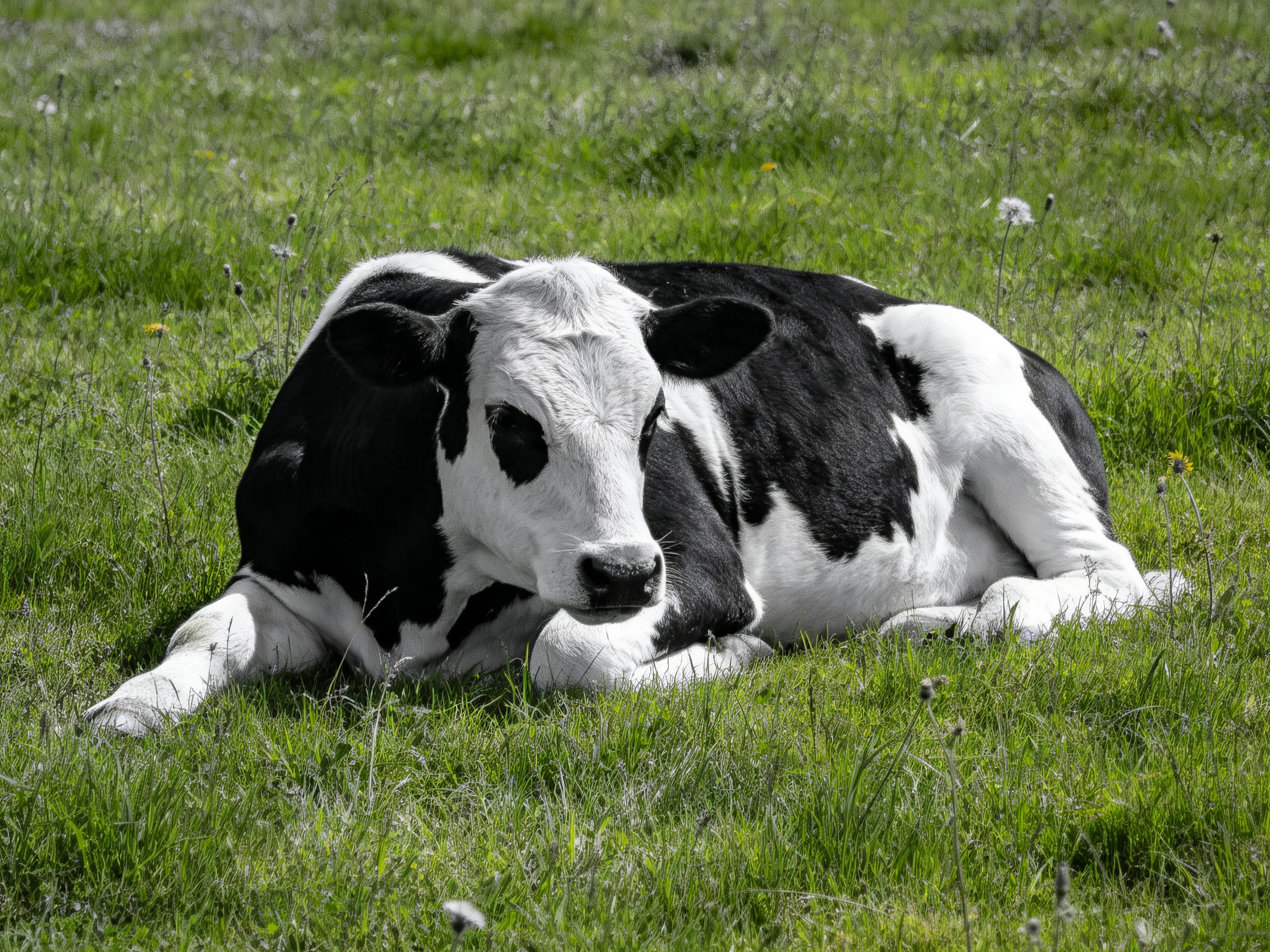 A black and white cow relaxes on vibrant green grass.