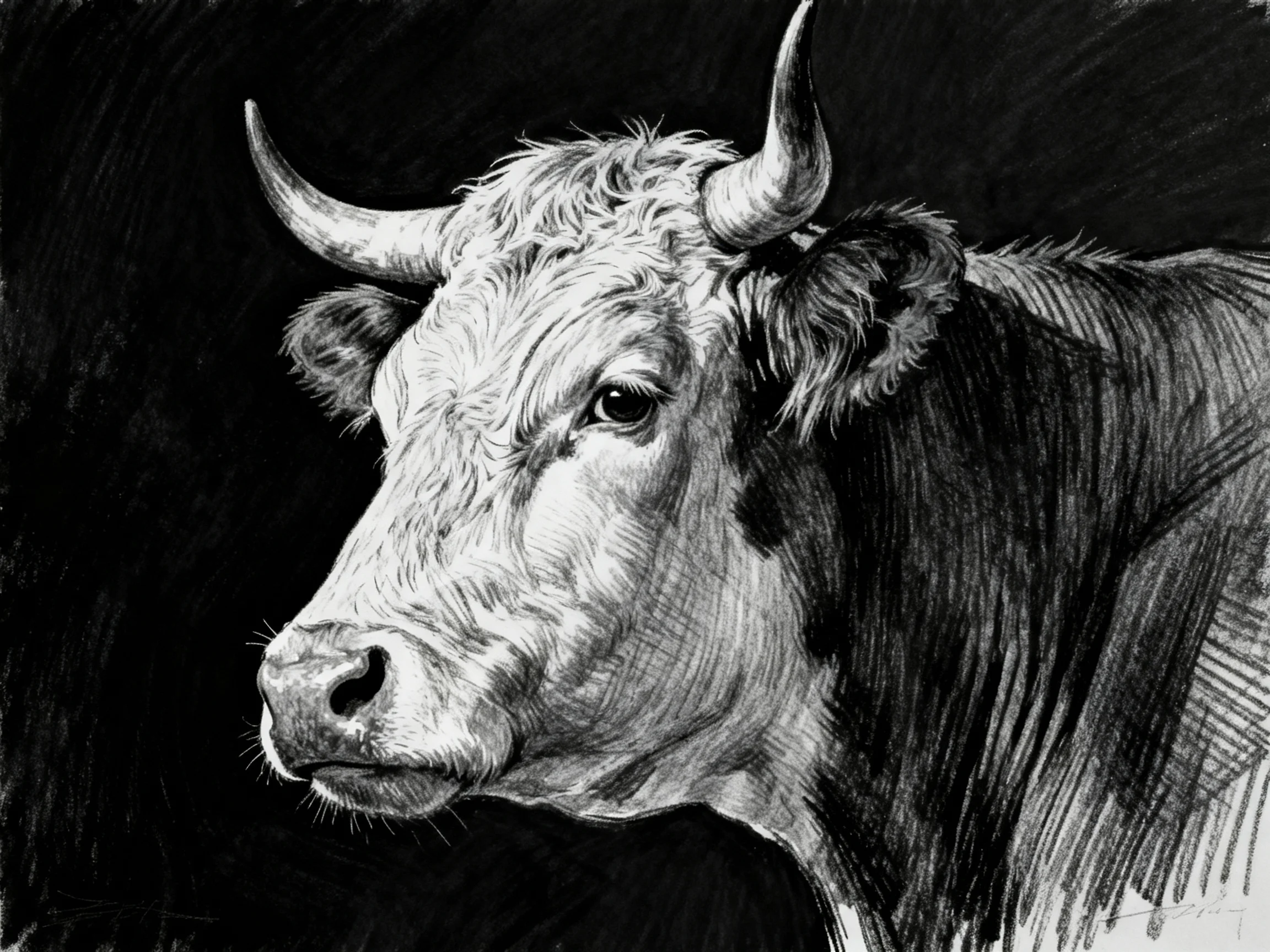 Black and White Detailed Sketch of a Horned Cow with Textured Fur
