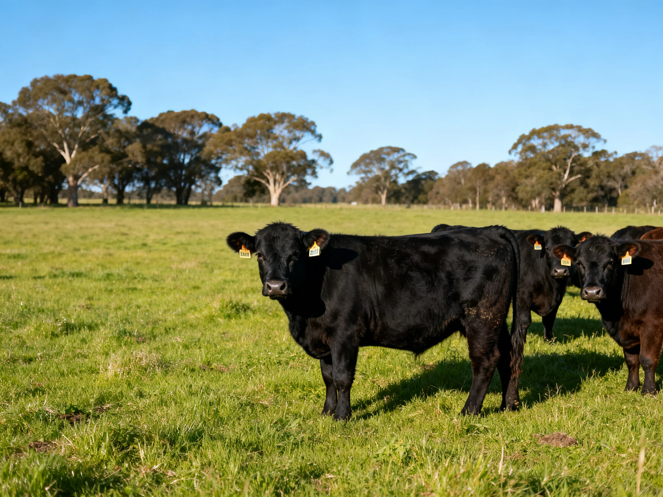 Black and brown cattle graze in a sunny green pasture with distant trees.
