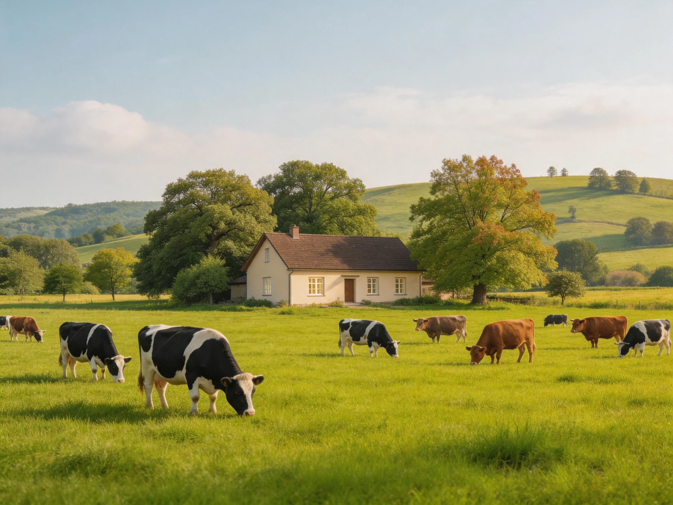 Cows graze in a lush green pasture near a small farmhouse