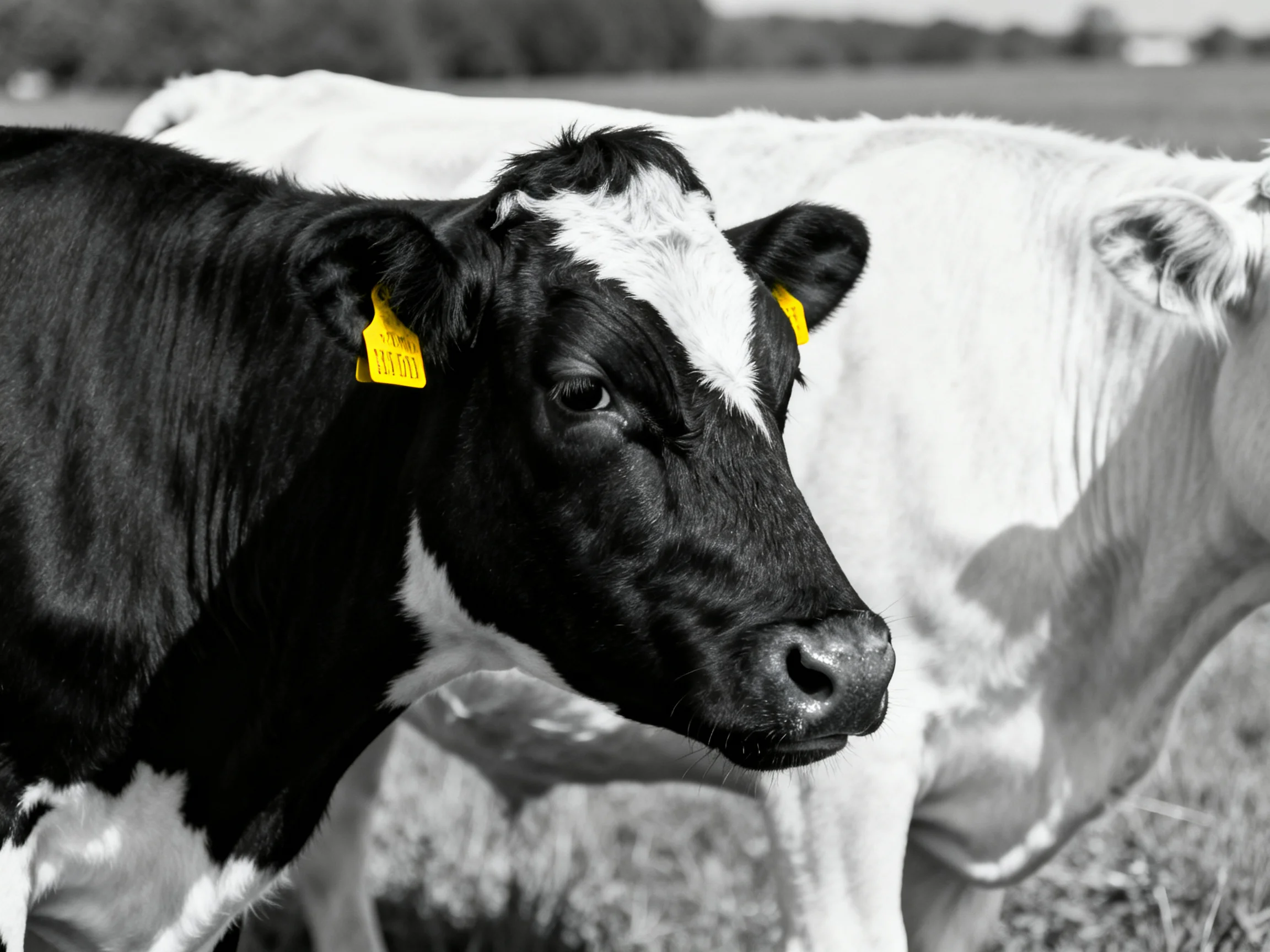 Black-and-white and white cows with yellow ear tags in an open field