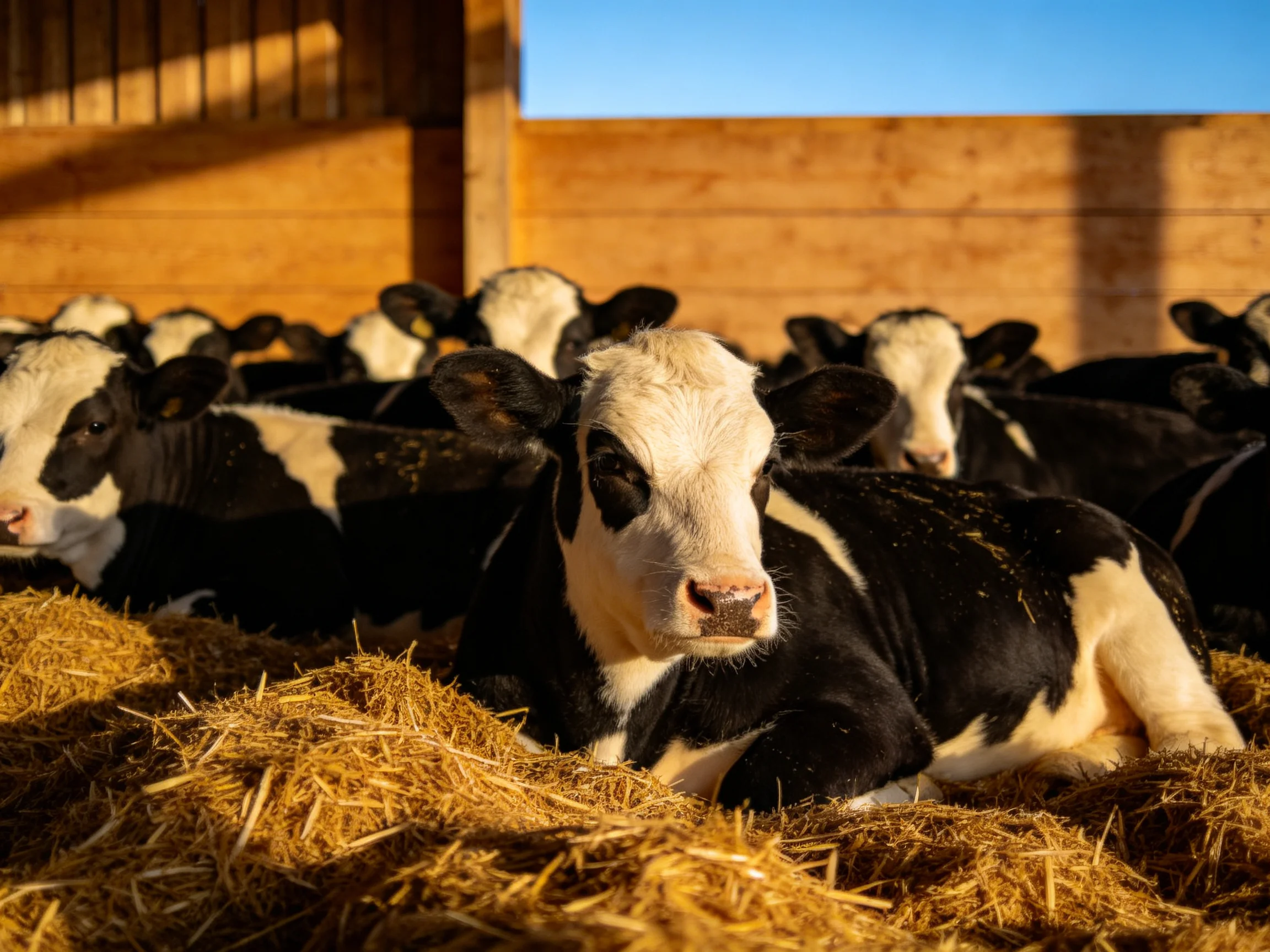 Black-and-white calves rest in straw-filled wooden barn