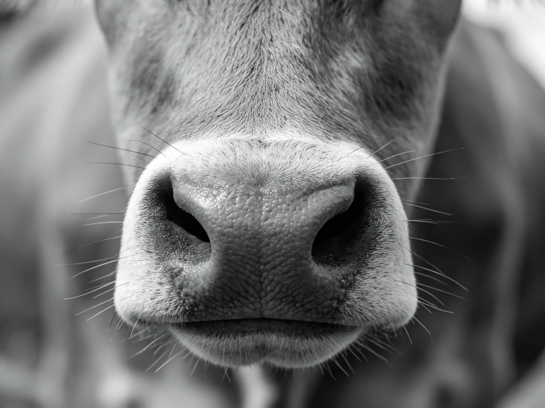 Black and white close - up of a cow’s textured snout