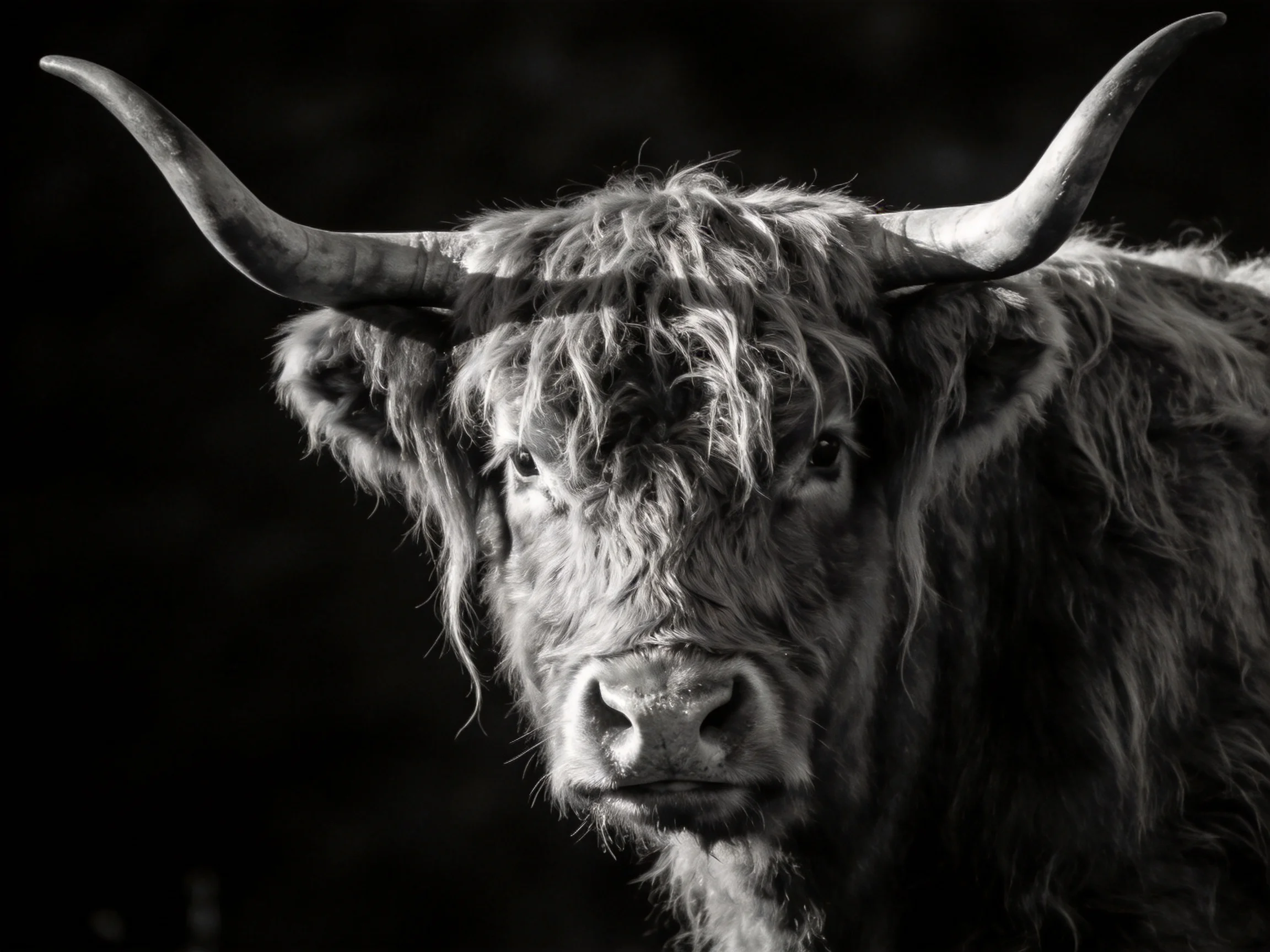 Black-and-white close-up of a shaggy Highland cow with large curved horns