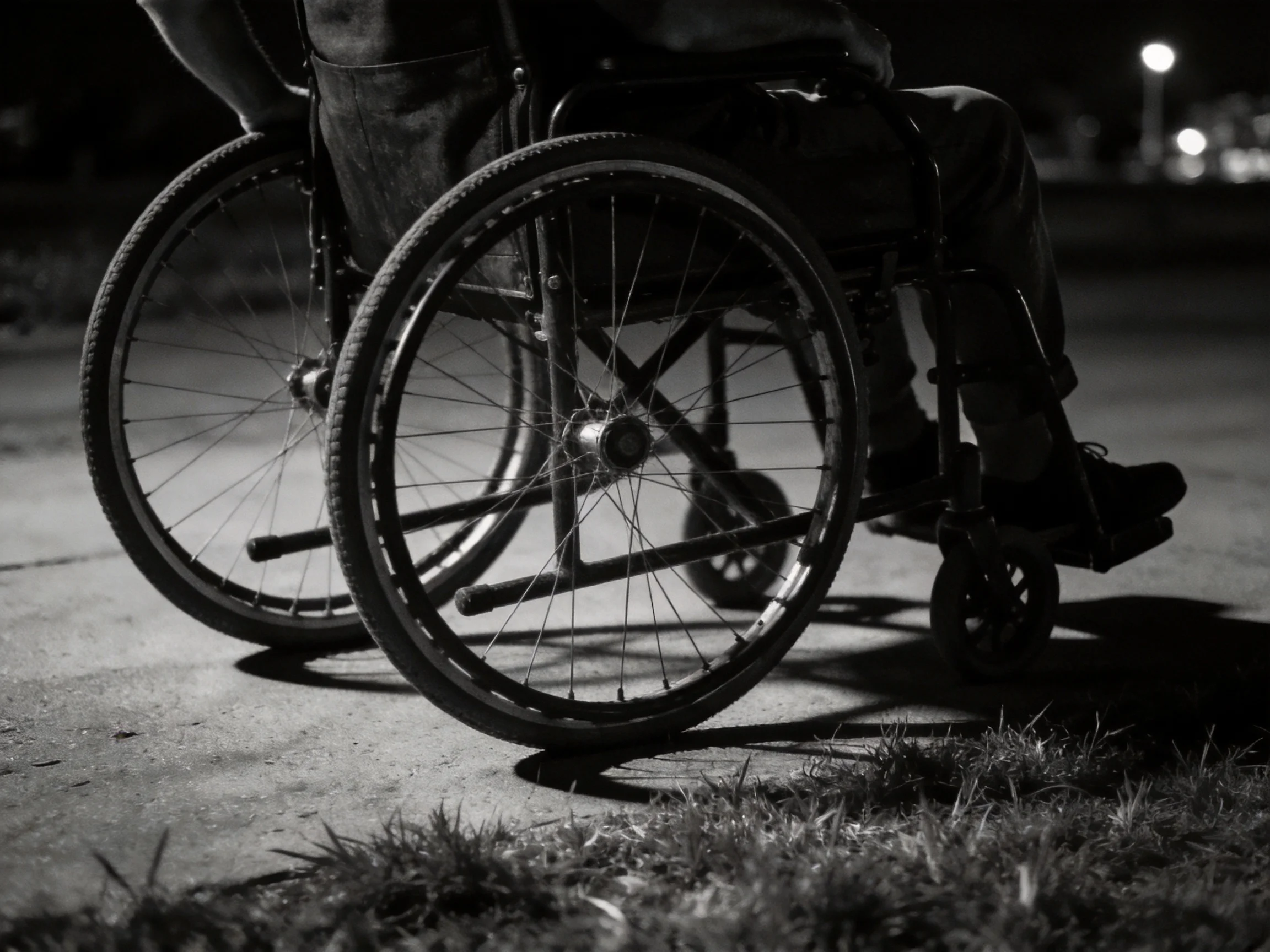 Black and white close-up of a wheelchair’s large wheels on a nighttime pavement