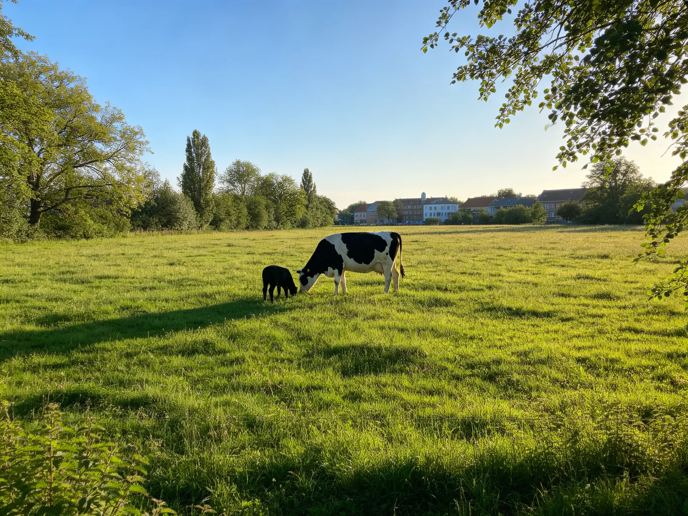 Cow and calf graze in a sunlit green meadow