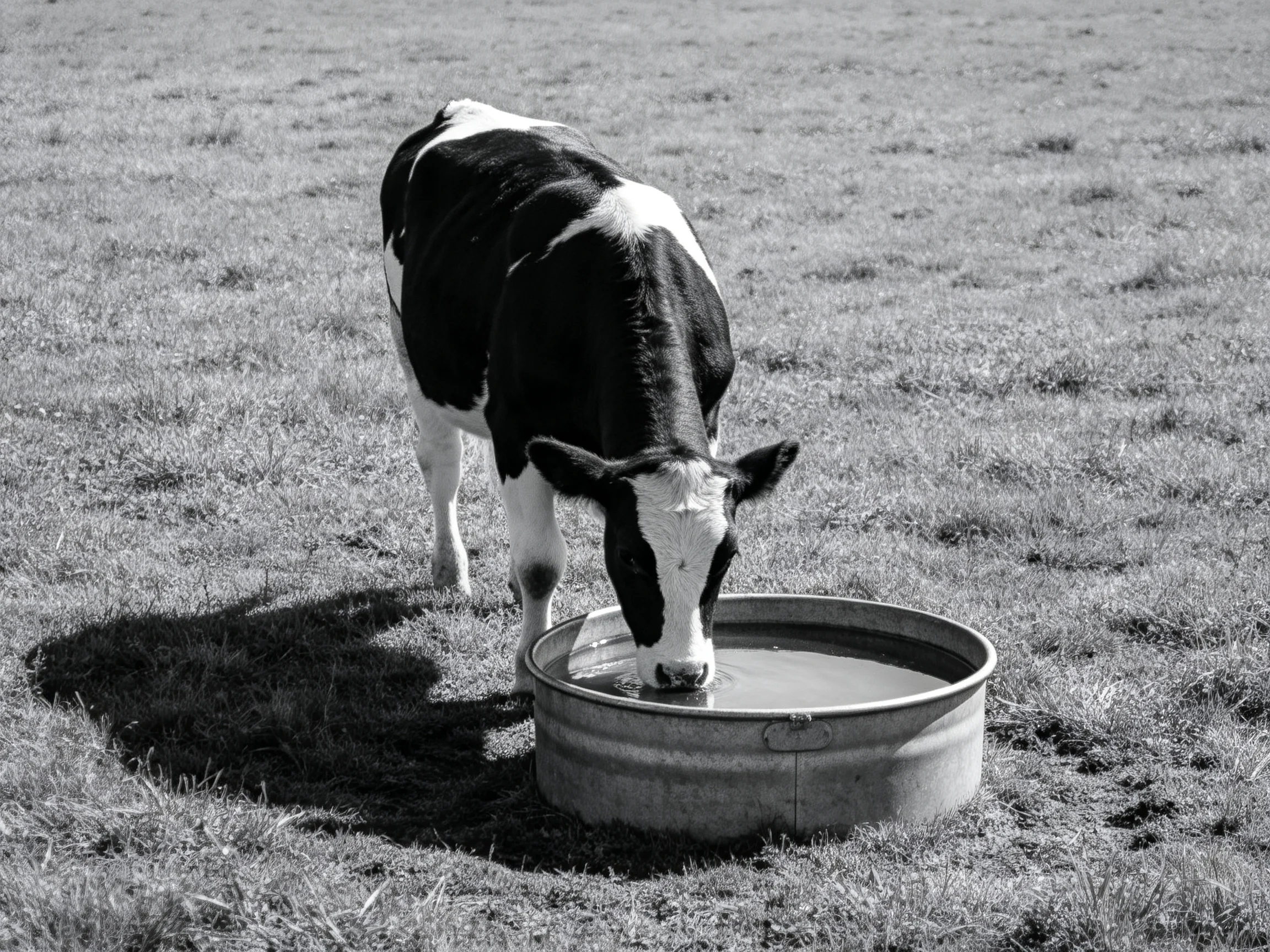 Black and white cow drinking from metal trough in open field