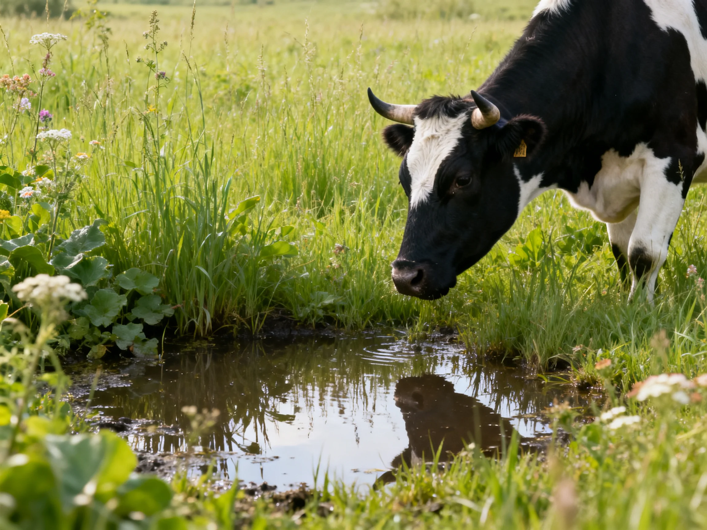 Black and white cow drinks from small pond in lush green meadow