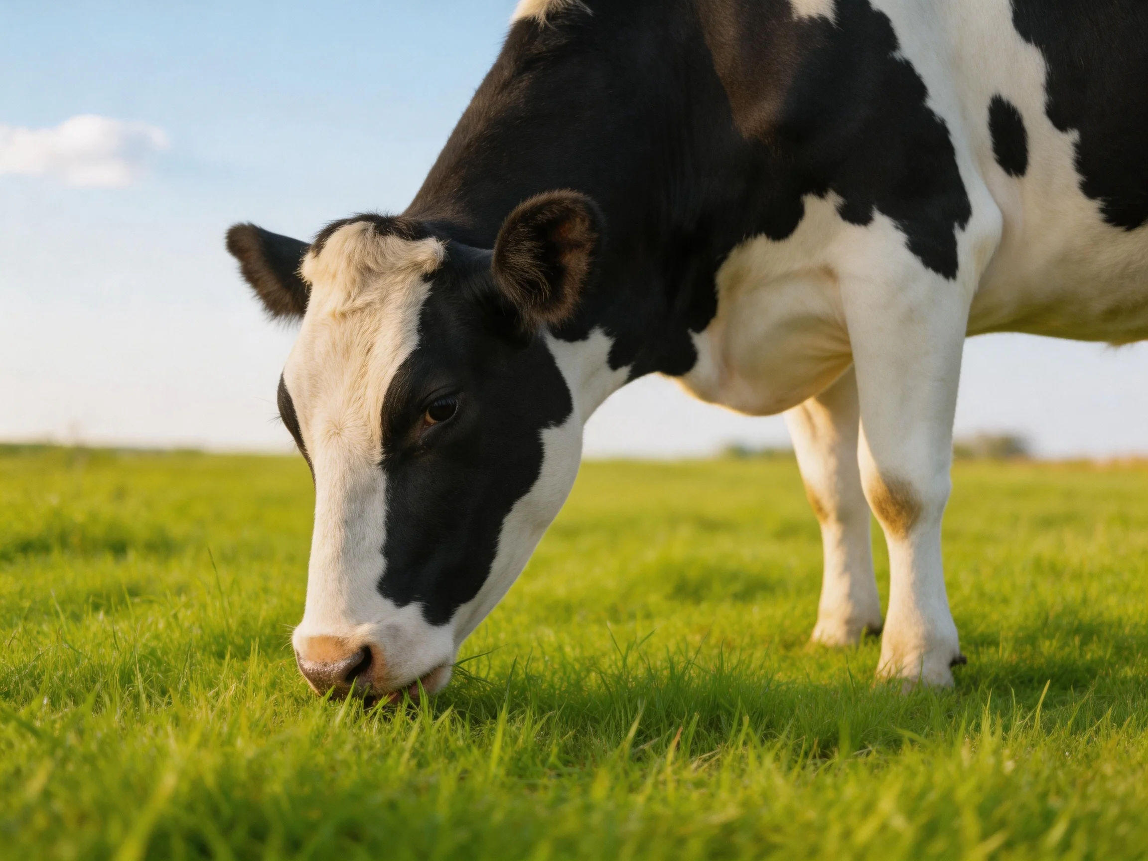 A black and white cow grazes in a sunlit green pasture.